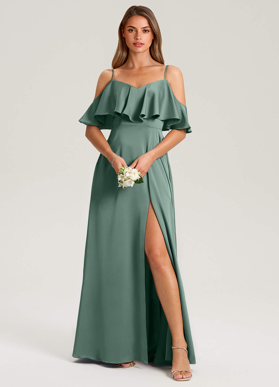 Azazie Jean Jurken voor bruidsmeisjes Jurk van Stretch Satijn met A-Lijn Off the Shoulder Eucalyptus image1