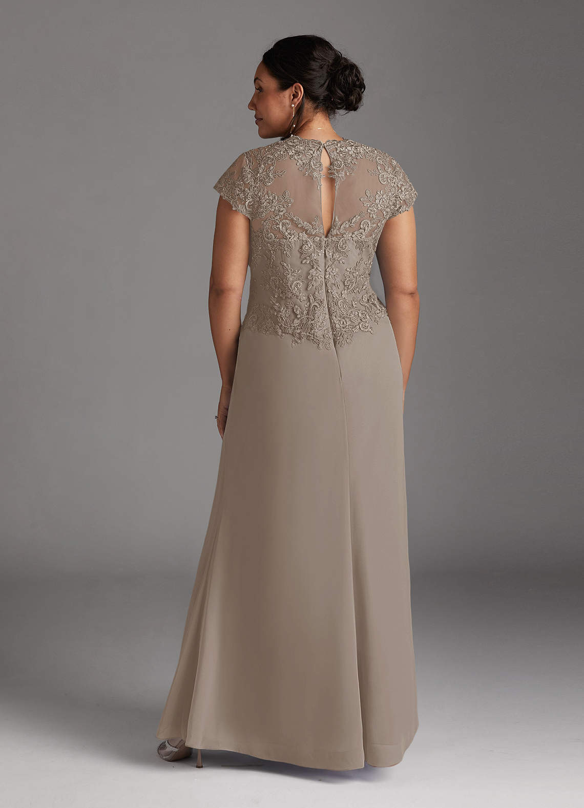 Azazie Junie Taupe A-Line Lace Chiffon Dress | Azazie