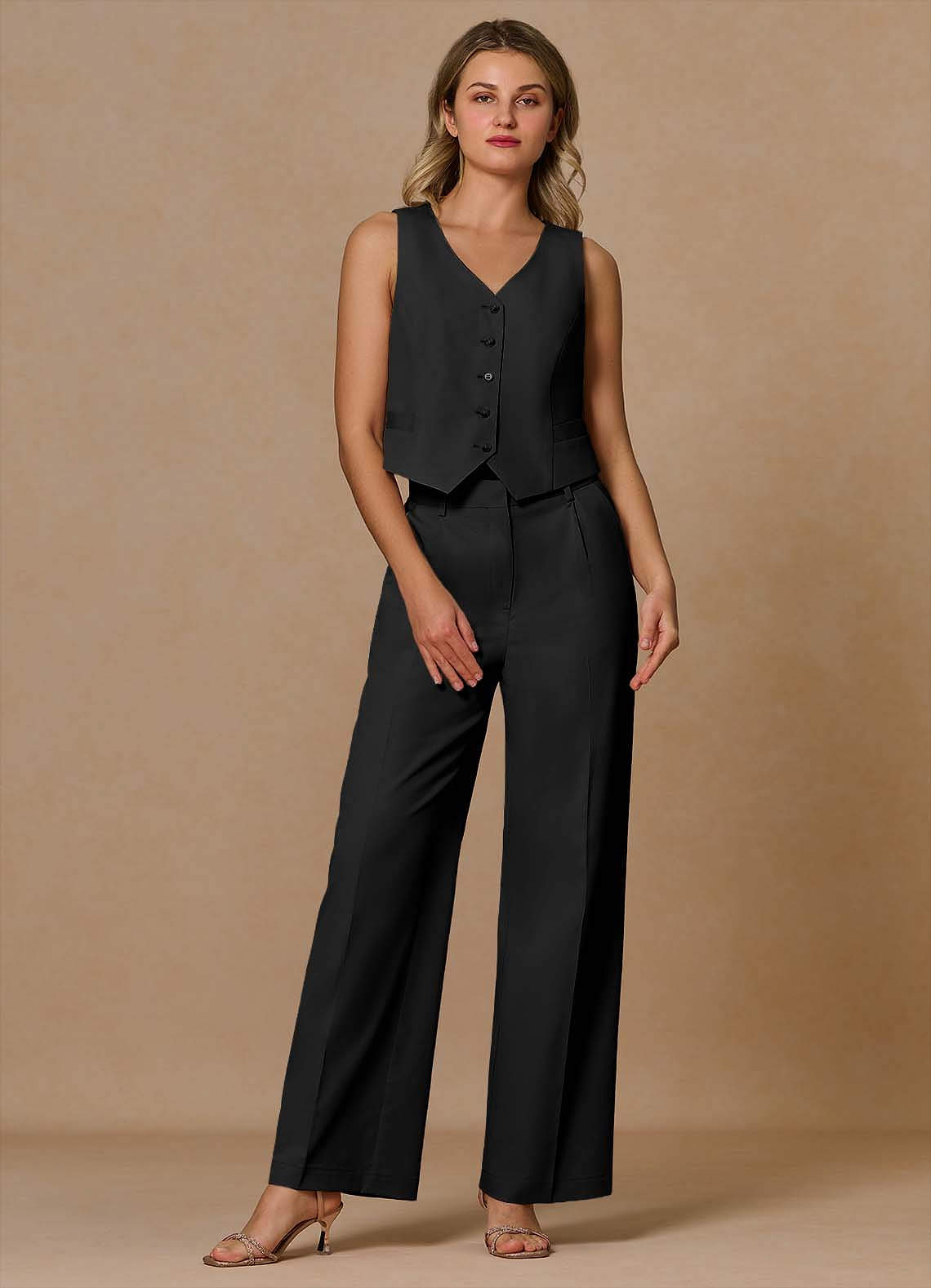 front Margaret Black Cotton Linen Blend 3-Piece Suit