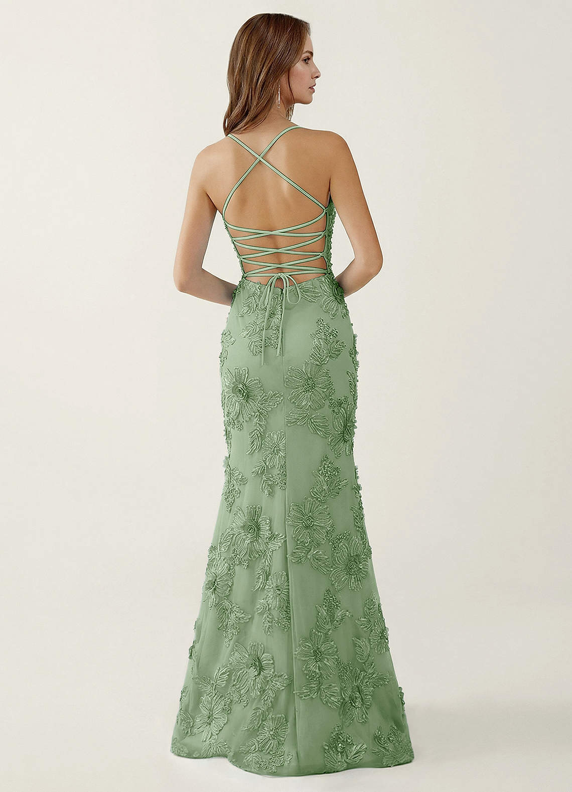 Bellatrix Sage 3D Flowers Corset Mermaid Lace Up Back Prom Dress