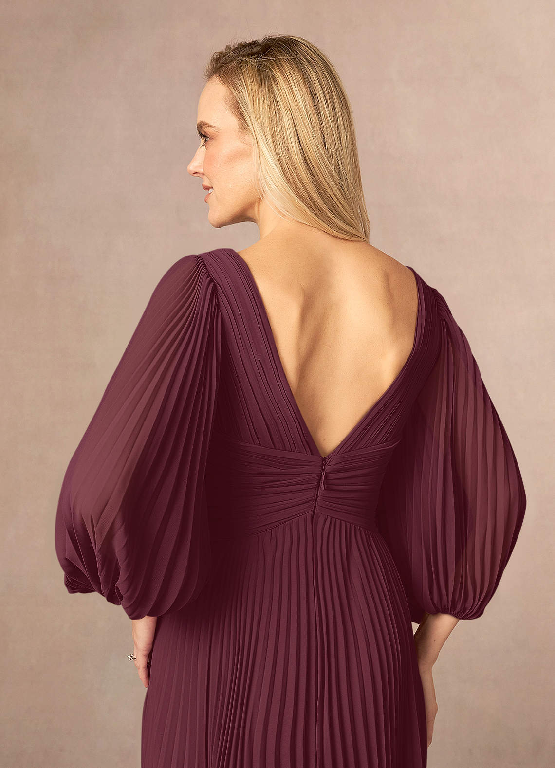 A-line Short Sleeves Lace Top Pleated Chiffon Dress Cabernet