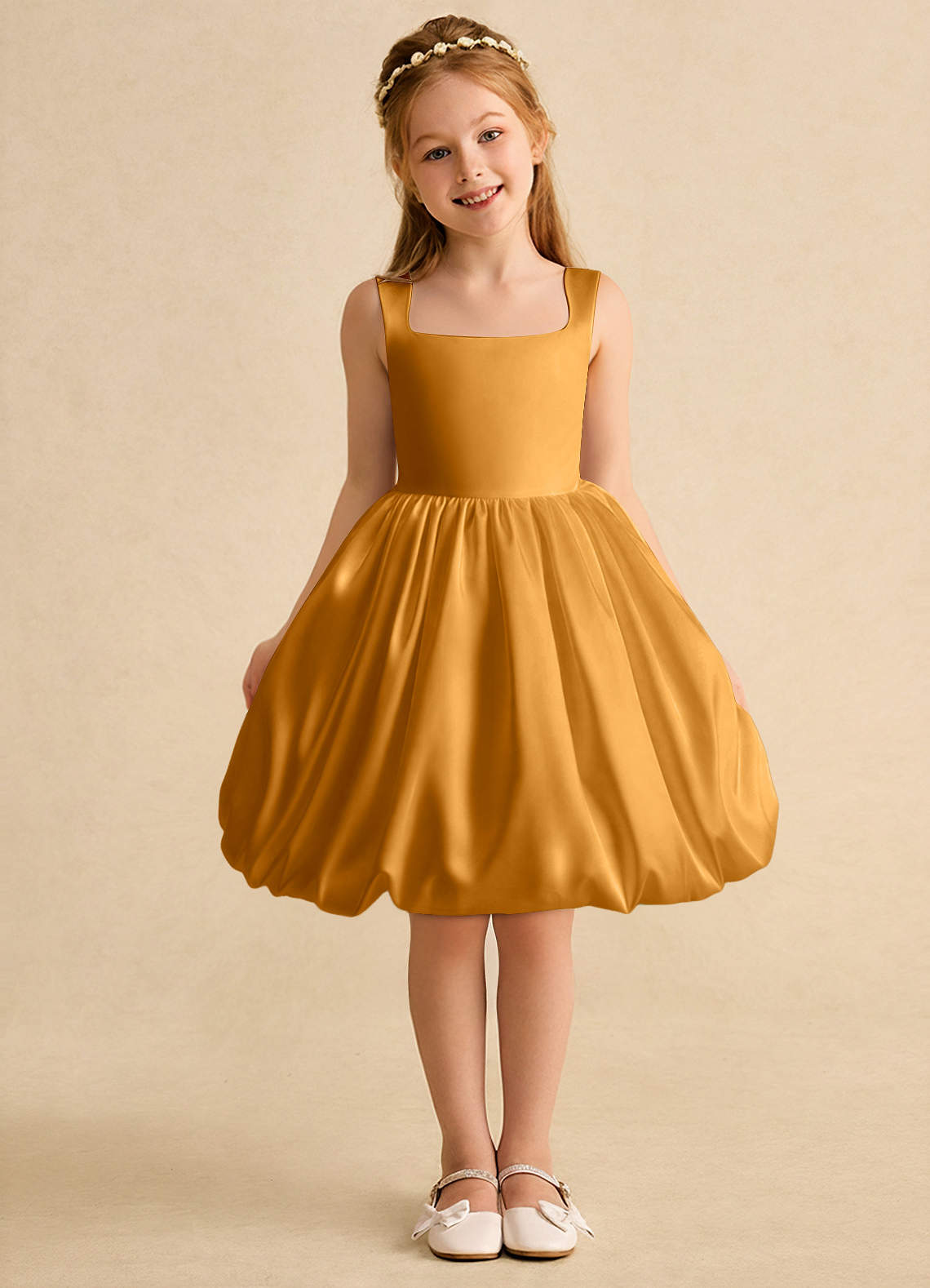 Azazie Nirvana Robe Demoiselle D'honneur Fillette Robe Princesse en Mat Satiné Rayé Caramel écossais image1