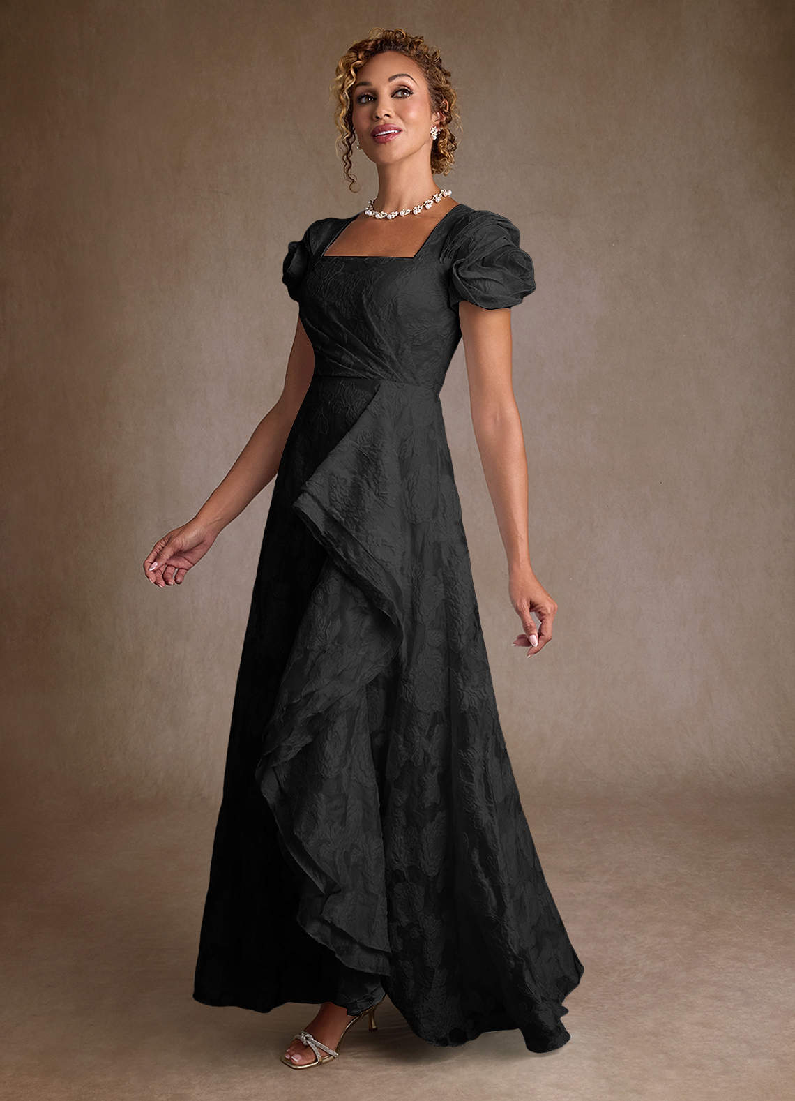 Azazie Hermina Black Jacquard A-Line Pleated Floral Jacquard Dress
