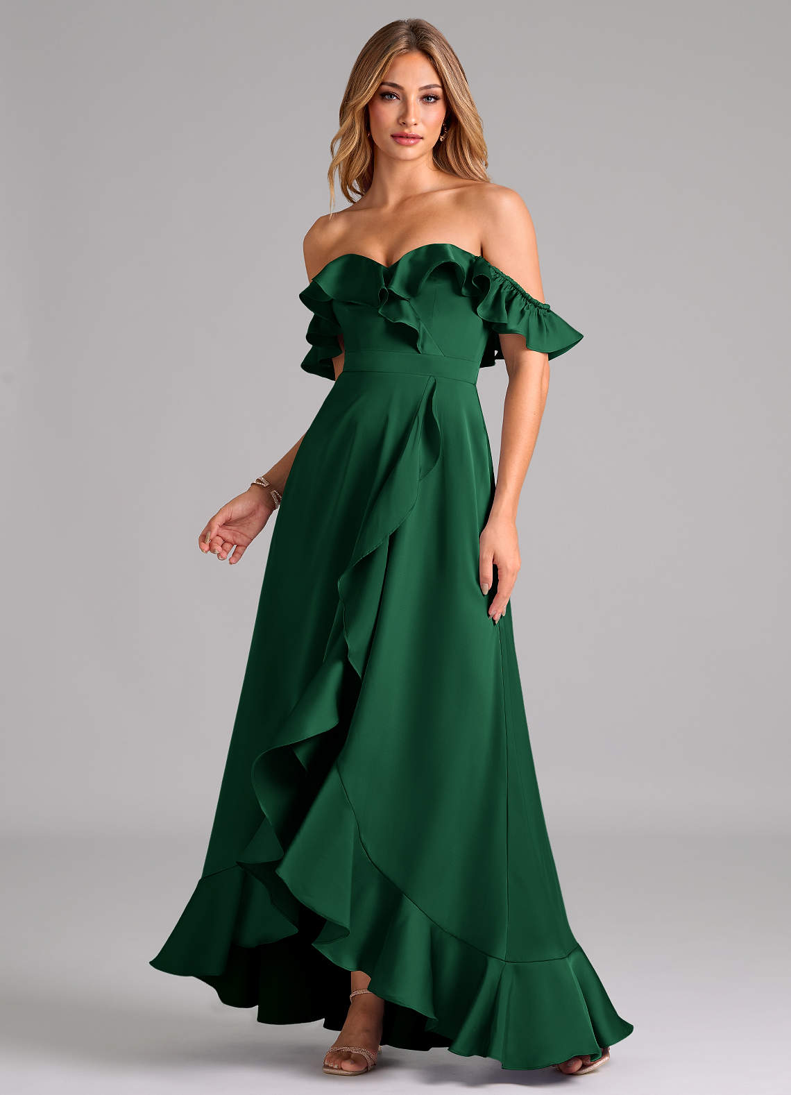 Azazie A-Line Off The Shoulder Floor-Length Stretch Satin Bridesmaid Dresses - Dark Green