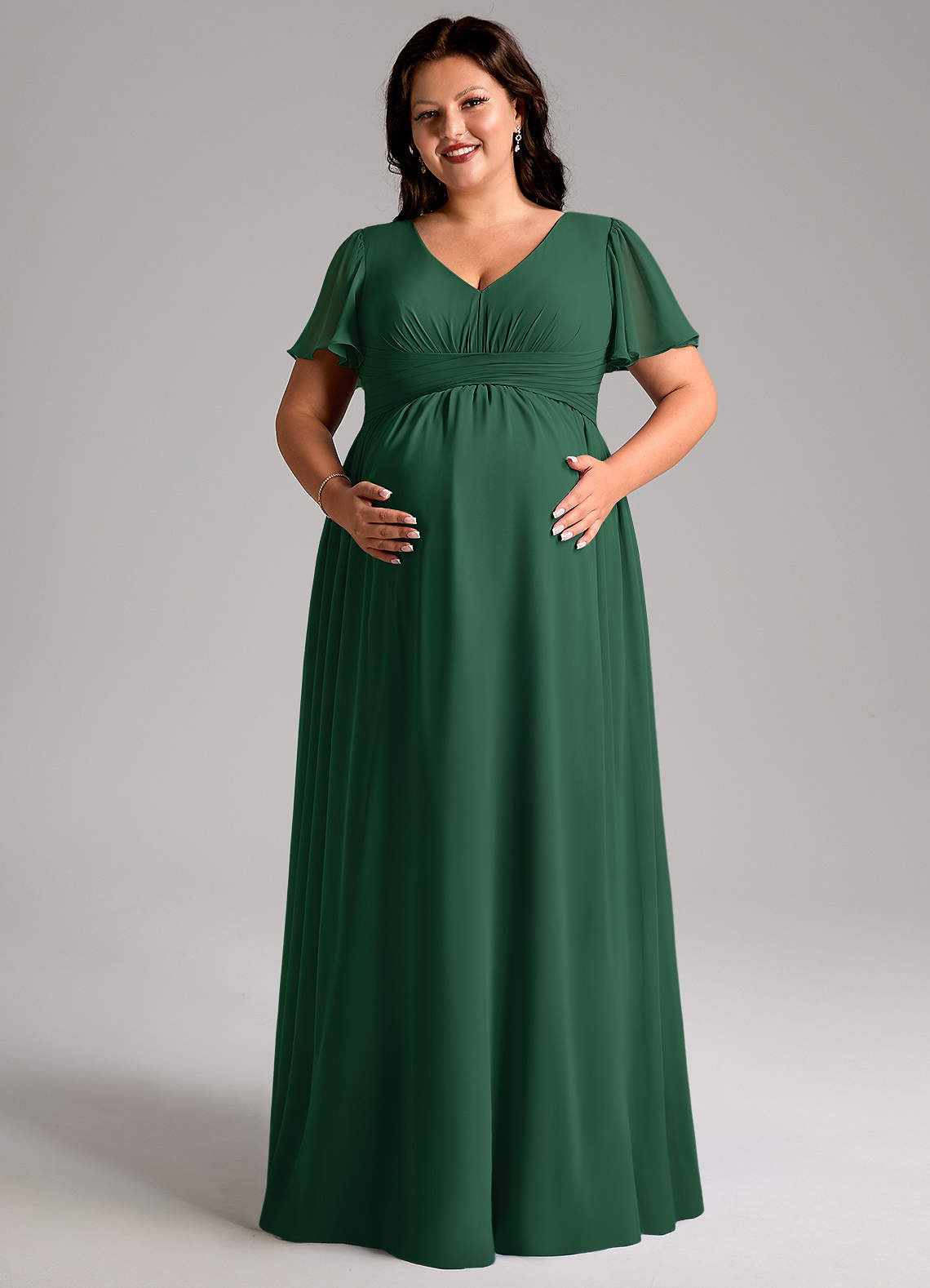 Azazie Verna vestidos de dama de honor de maternidad Vestido de Corte en A Cuello en V fruncido Hasta el suelo Gasa image10