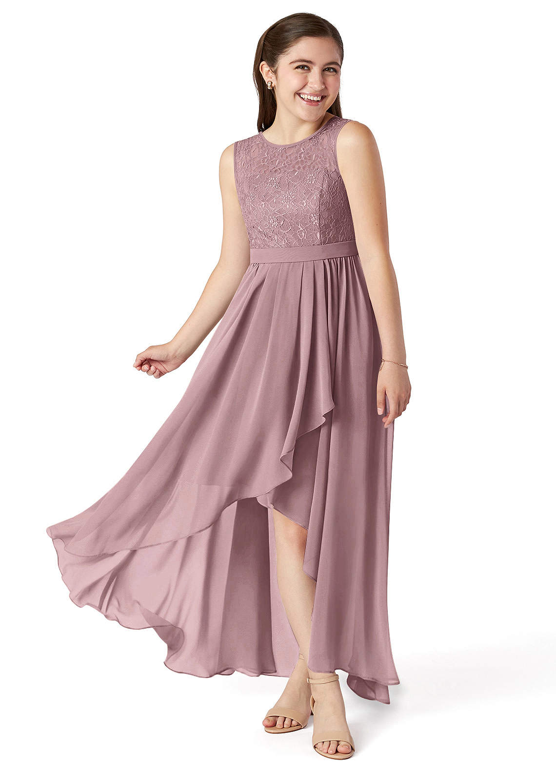 Azazie Roslin A-Line Lace Chiffon Asymmetrical Junior Bridesmaid Dress image1