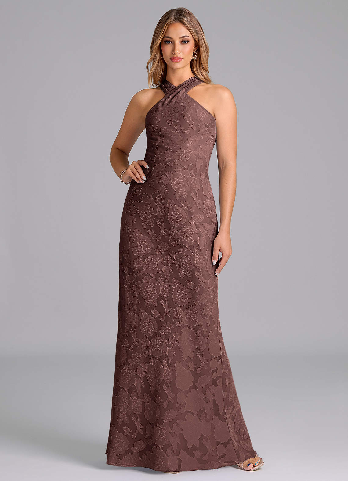 Azazie Doretta Bridesmaid Dresses Espresso Mermaid Pleated Floral Burnout Dress image1