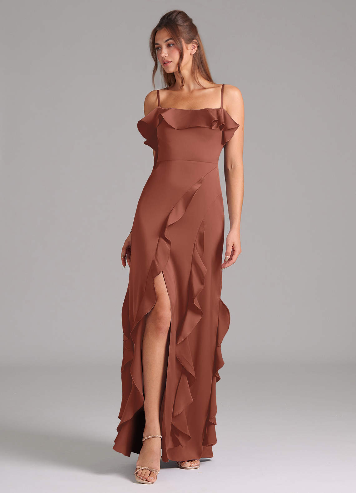 Azazie Malia Bridesmaid Dresses Auburn A-Line Side Slit Stretch Satin Dress image1