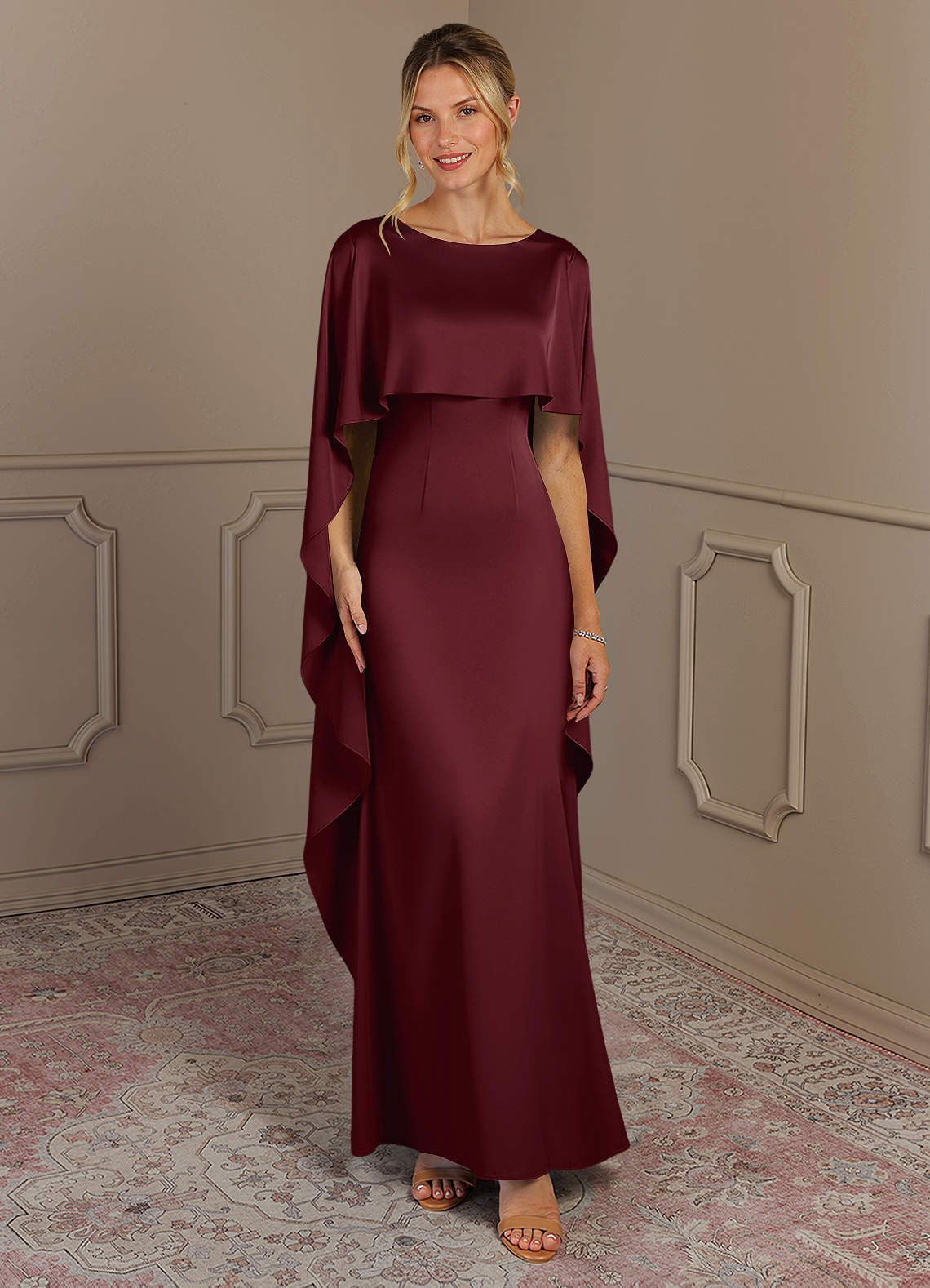 Azazie Eli Mother of the Bride Dresses Cabernet Sheath Boatneck Stretch Satin Dress image1