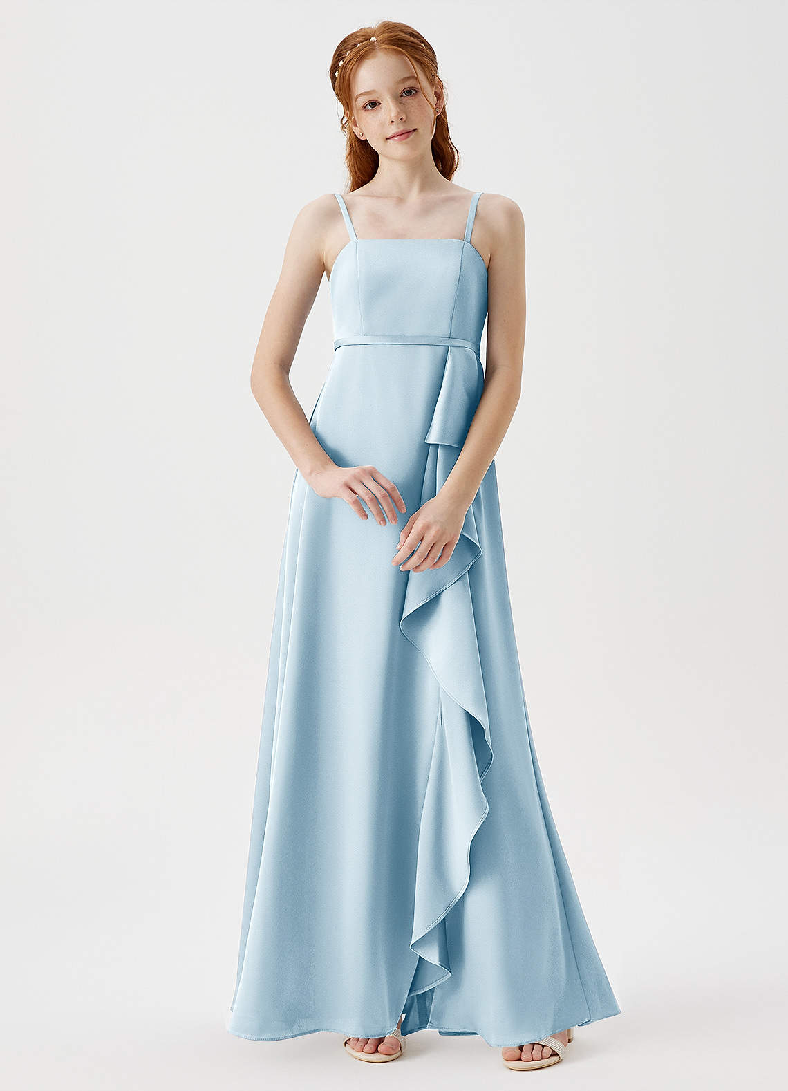 Azazie Kaylee Junior Sky Blue A-Line with Belt Stretch Satin Dress image1
