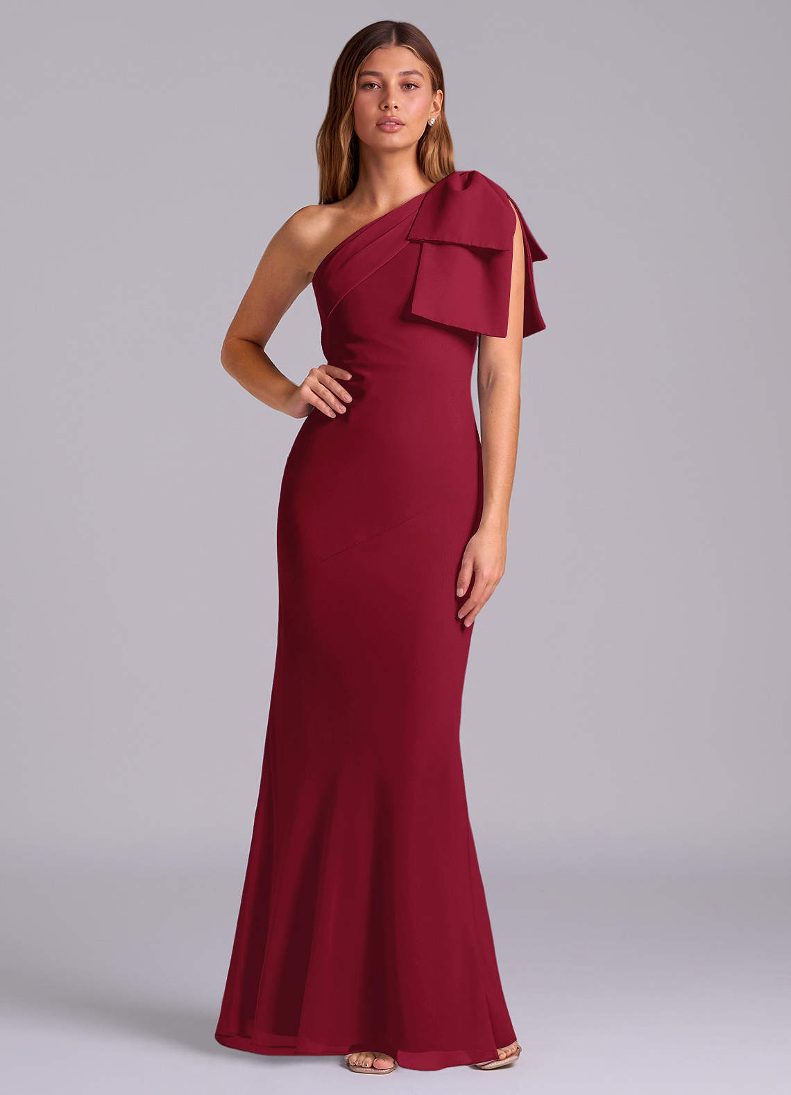 Azazie Yuanna Bridesmaid Dresses Burgundy Mermaid One Shoulder Chiffon Dress image1