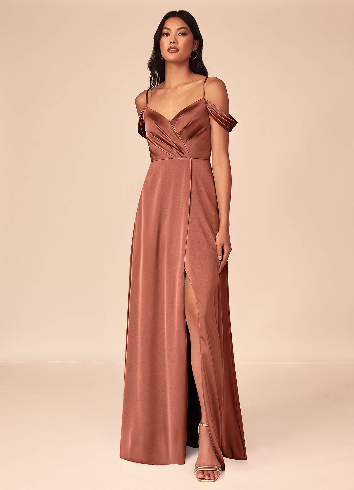 Azazie Ocean Bridesmaid Dresses Clay A-Line V-Neck Pleated Stretch Satin Dress image1