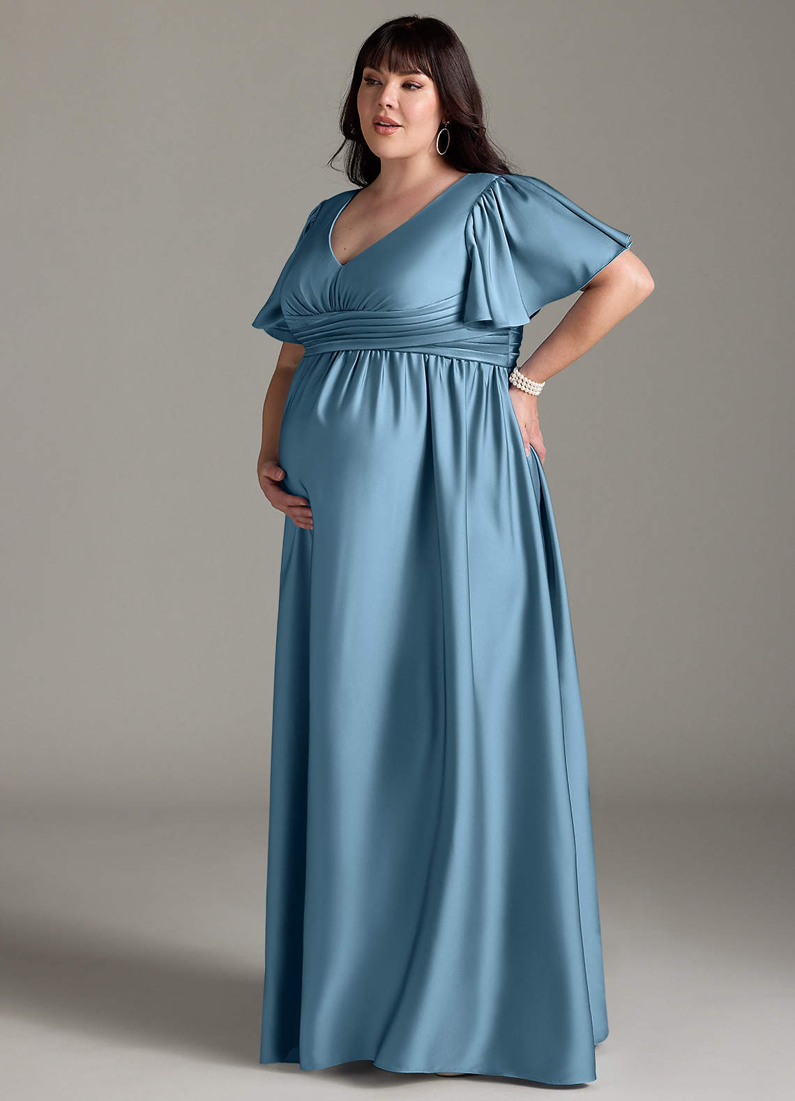 Azazie Verna Maternity Bridesmaid Dresses A-Line Ruched Stretch Satin Floor-Length Dress image13