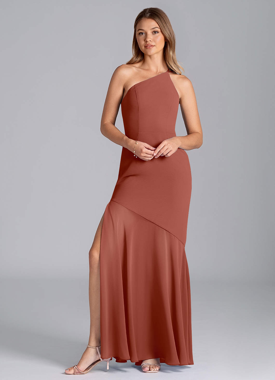 Azazie Tilla Bridesmaid Dresses Auburn Mermaid One Shoulder Chiffon Dress image1