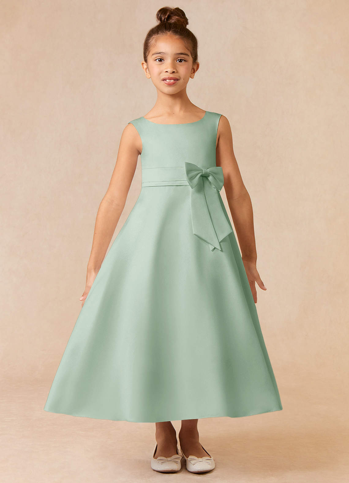 Azazie Lindy Flower Girl Dresses Agave A-Line Pleated Matte Satin Dress image1