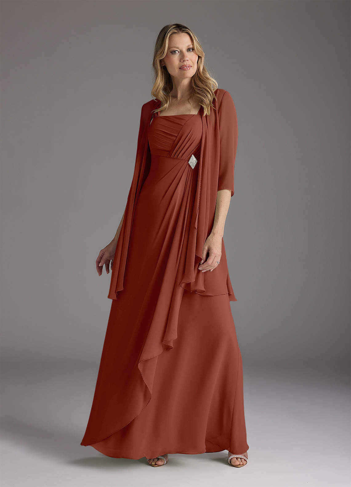 Azazie Weisz Kleider für die Brautmutter A-Linie Quadratischer Ausschnitt Gefaltet Chiffon Kleid Rotbraun image1
