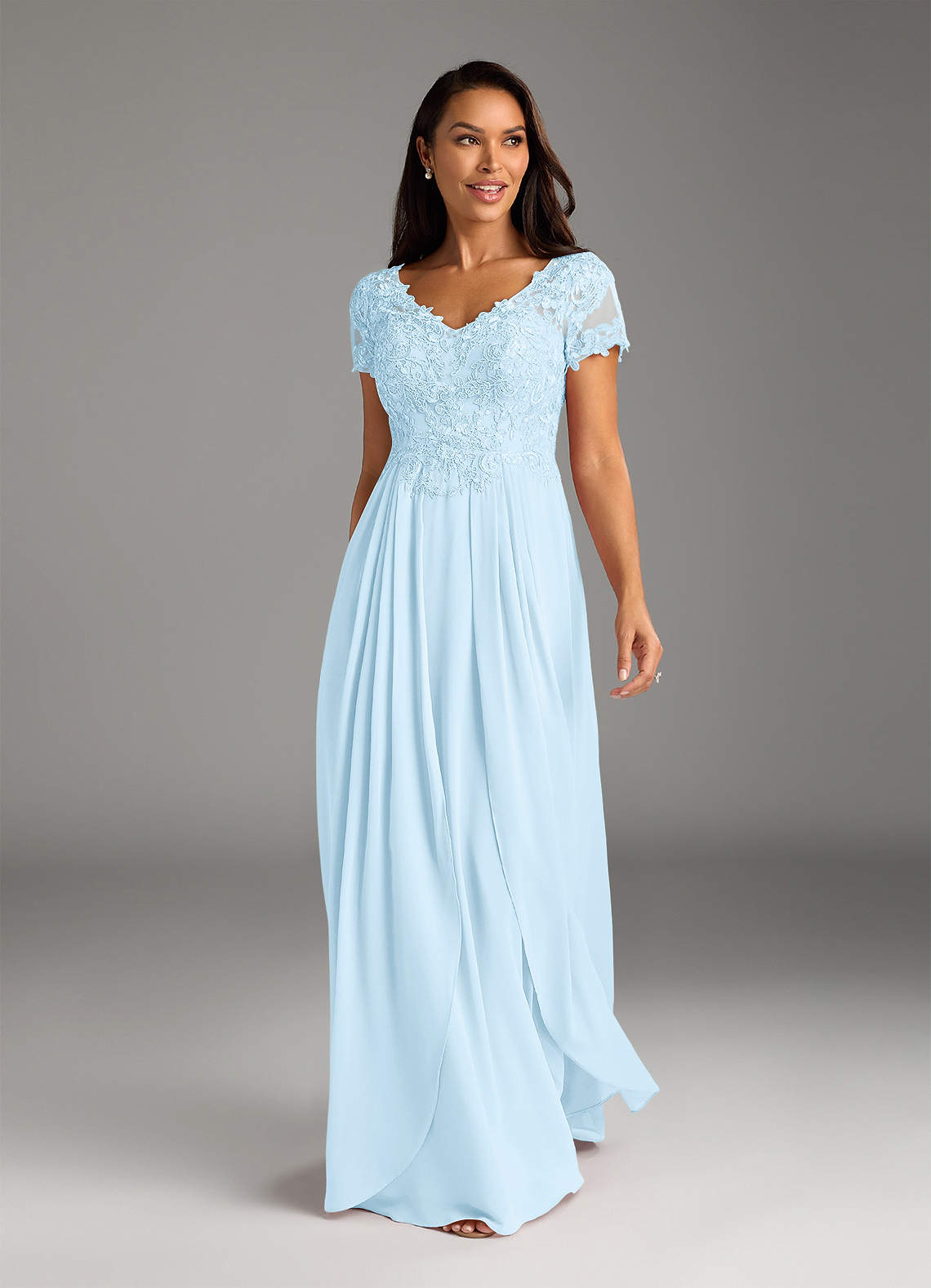 sachin and babi light blue dress A-Line Dress Mother of the Bride Dress Formal Elegant V Neck Floor Length  Chiffon Half Sleeve with Lace Solid Color 2026 main image 0