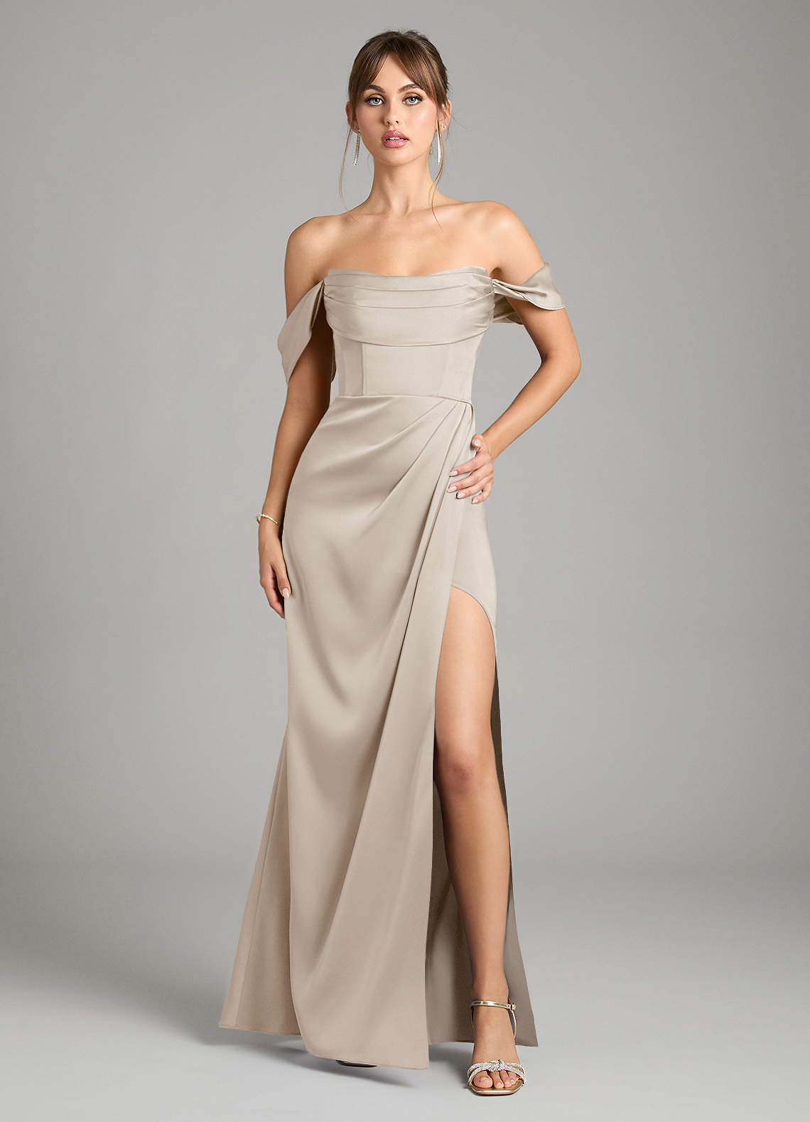 Azazie Johana Bridesmaid Dresses Frost Mermaid Off the Shoulder Stretch Satin Convertible Dress image1