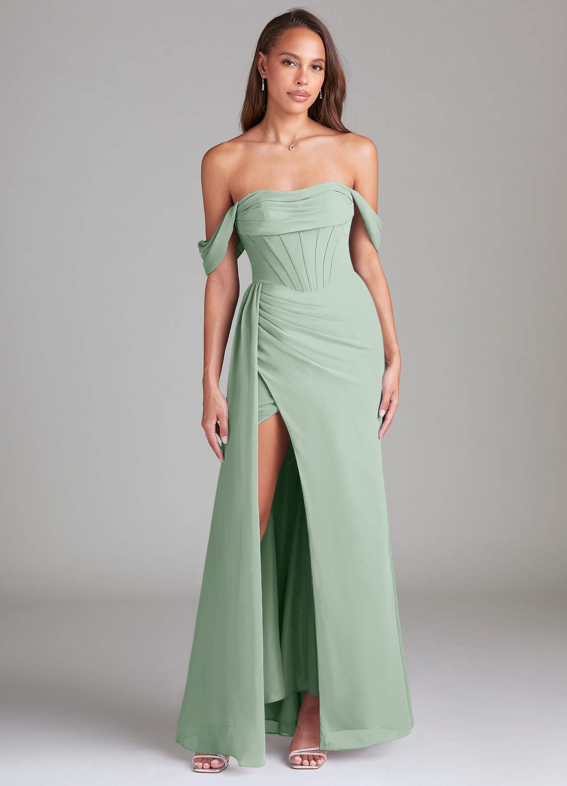 Azazie Amyra Bridesmaid Dresses Agave Sheath Off the Shoulder Chiffon Convertible Dress image1