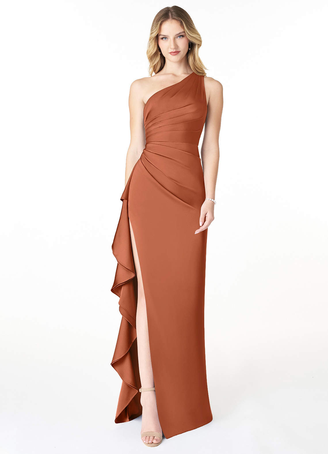 long one shoulder bridesmaid dress with ruffles Wedtrend Women Bridesmaids A Line One Shoulder Long Chiffon Wedding Party Formal Bridesmaid Dress with Ruffles, Dusty Rose