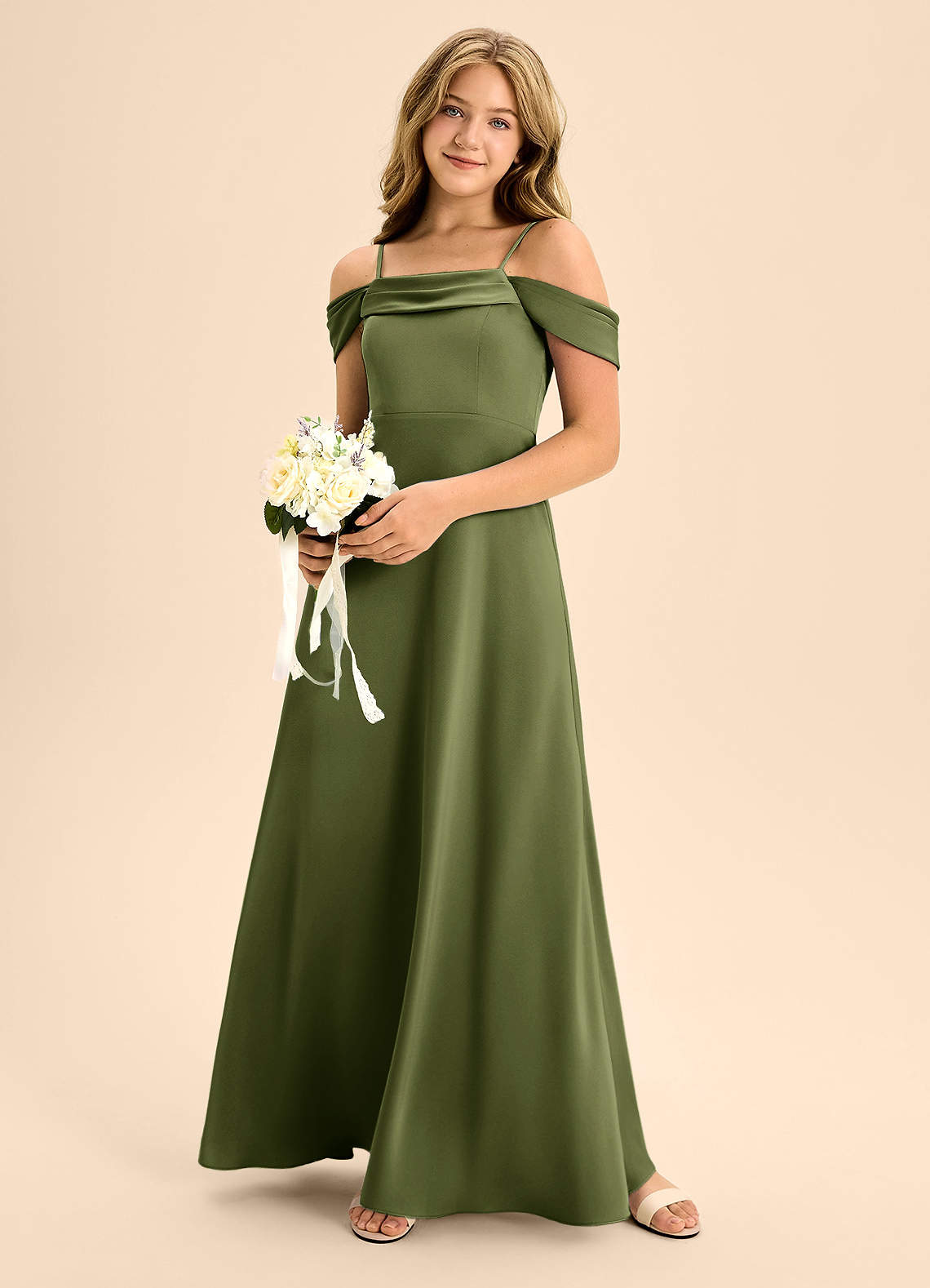 Azazie Anselie Junior Olive A-Line Off the Shoulder Stretch Satin Dress image1