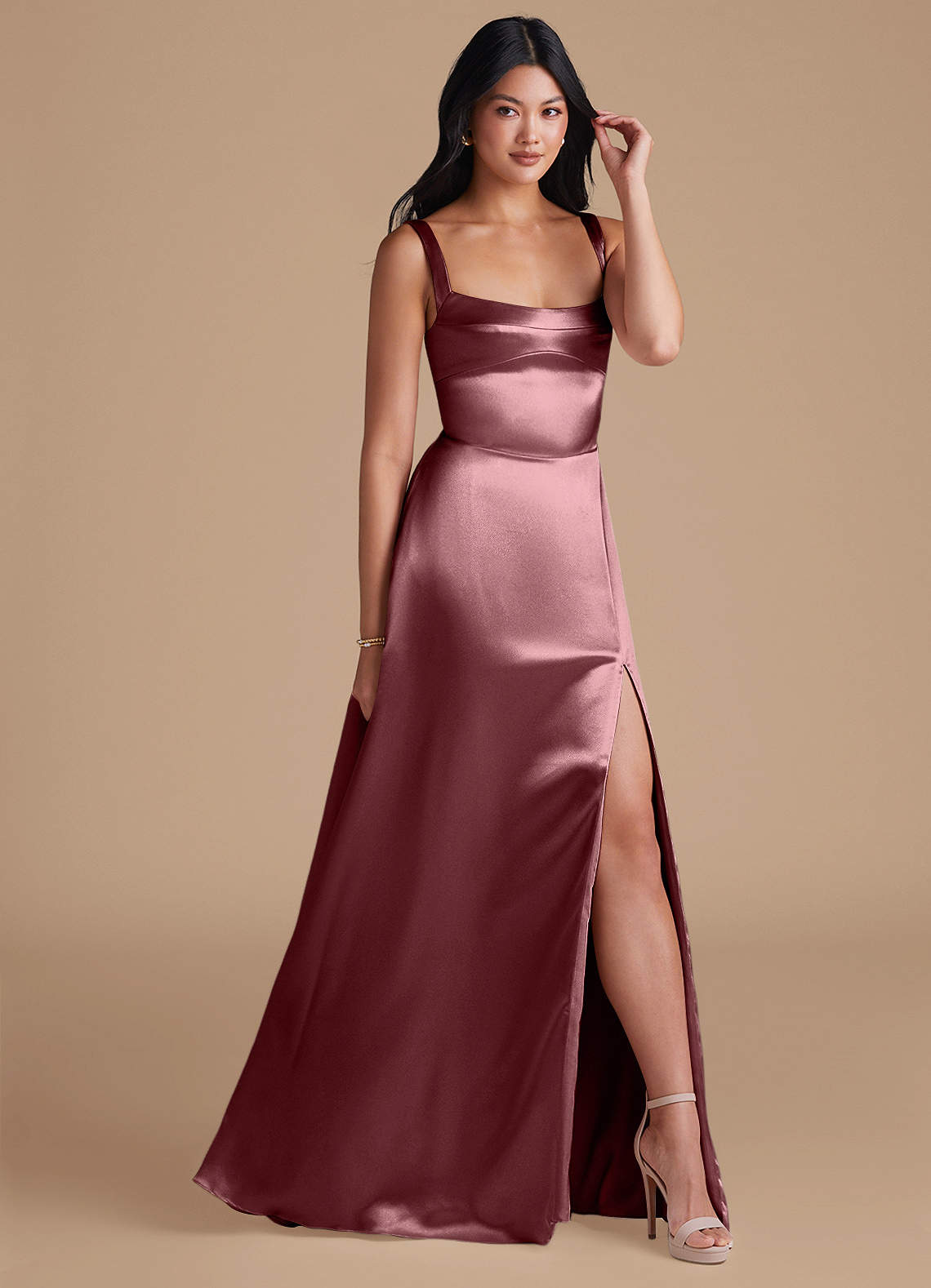 Azazie Hope Bridesmaid Dresses Vintage Mauve A-Line with Pockets Metallic Satin Dress image1