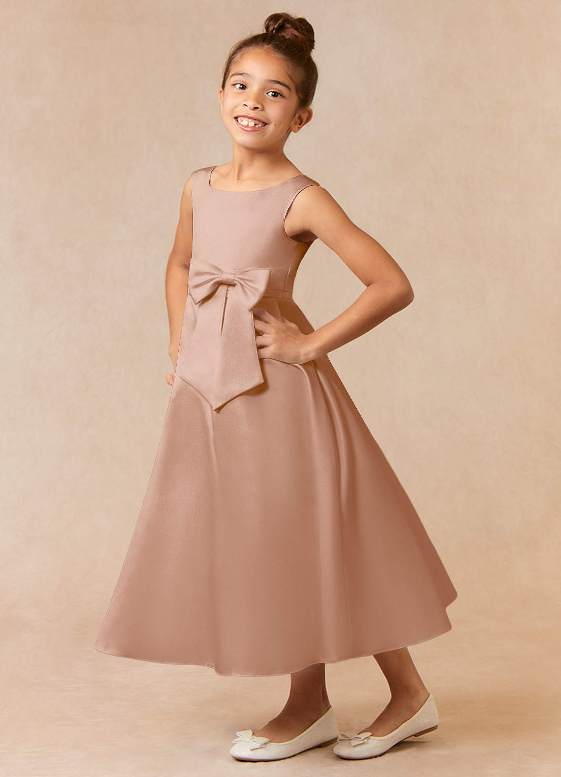 Azazie Lindy Flower Girl Dresses Champagne Rose A-Line Pleated Matte Satin Dress image1