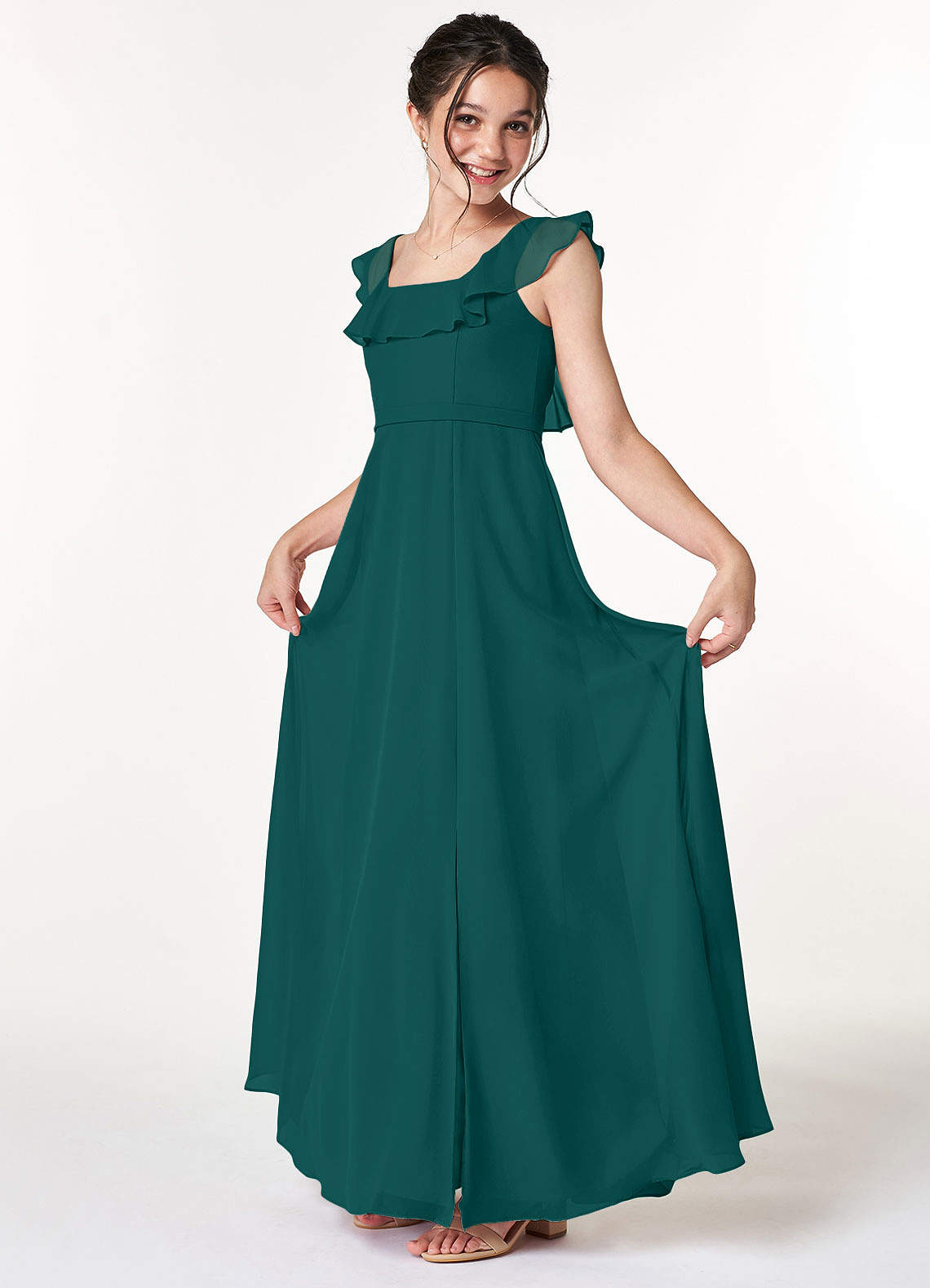 Azazie Jinny Junior Peacock A-Line Ruched Chiffon Dress image1