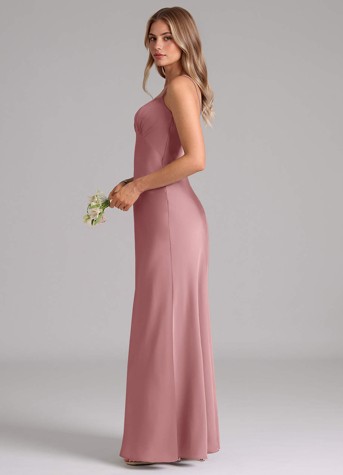 Azazie Suttona Vestidos de damas de honor Vestido de Rosa Polvorienta de Satén Elástico de Corte en A con Plisado image4
