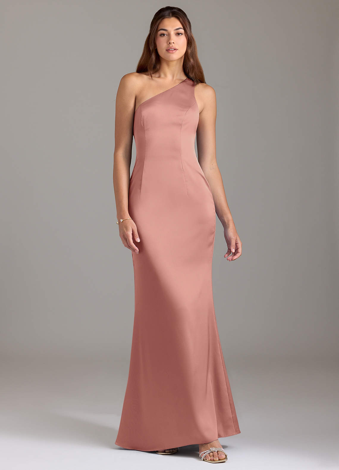Azazie Arleth Brautjungfernkleider A-Linie One-Shoulder Stretch-Satin Kleid Rosettenrosa image1