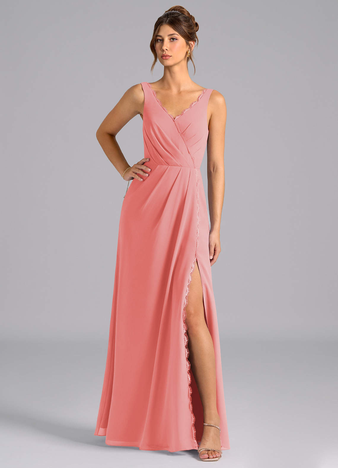 Azazie Bernice Bridesmaid Dresses Coral A-Line Pleated Chiffon Dress image1