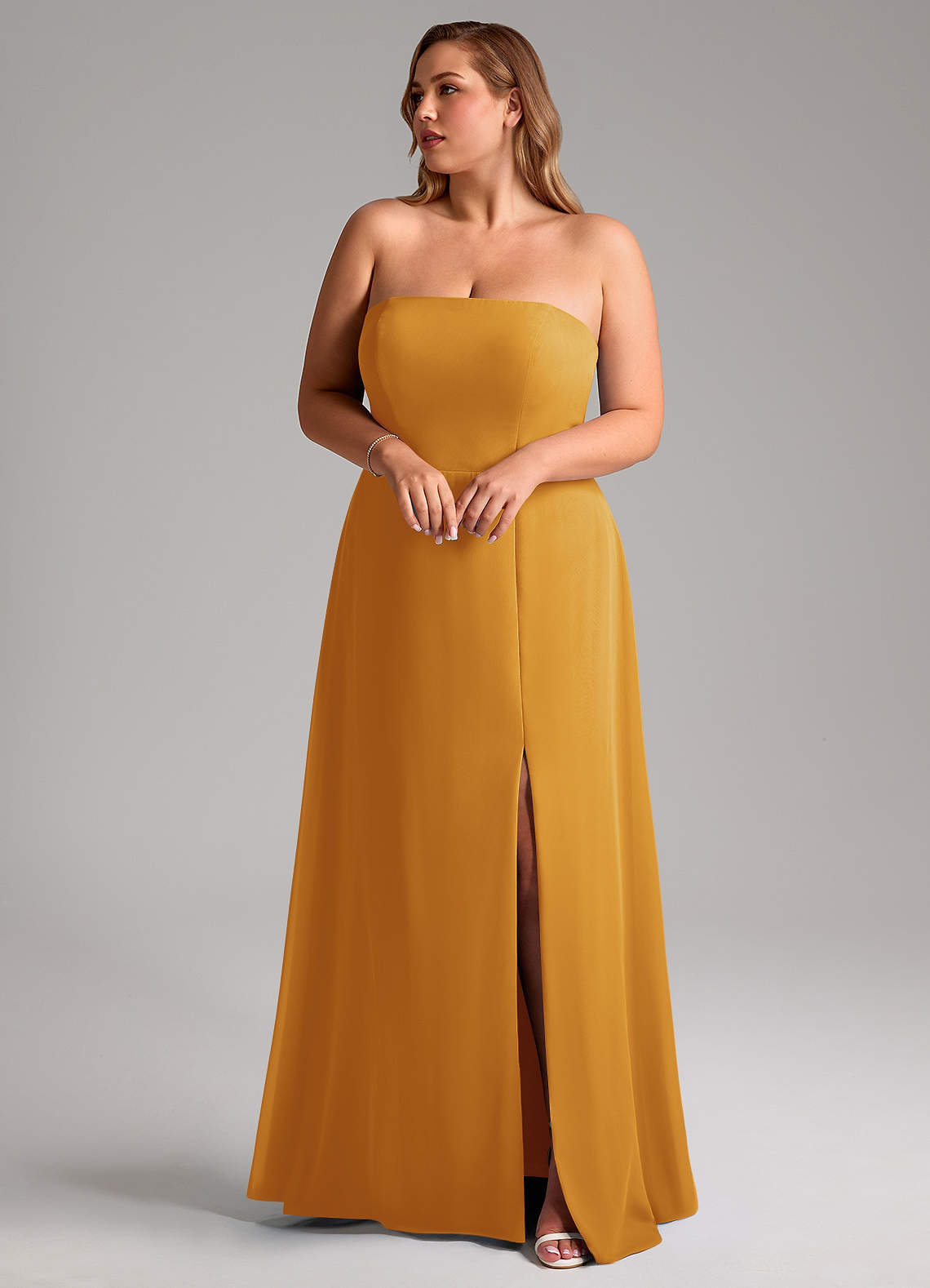 Azazie Wren Bridesmaid Dresses Butterscotch A-Line Side Slit Chiffon Convertible Dress image1