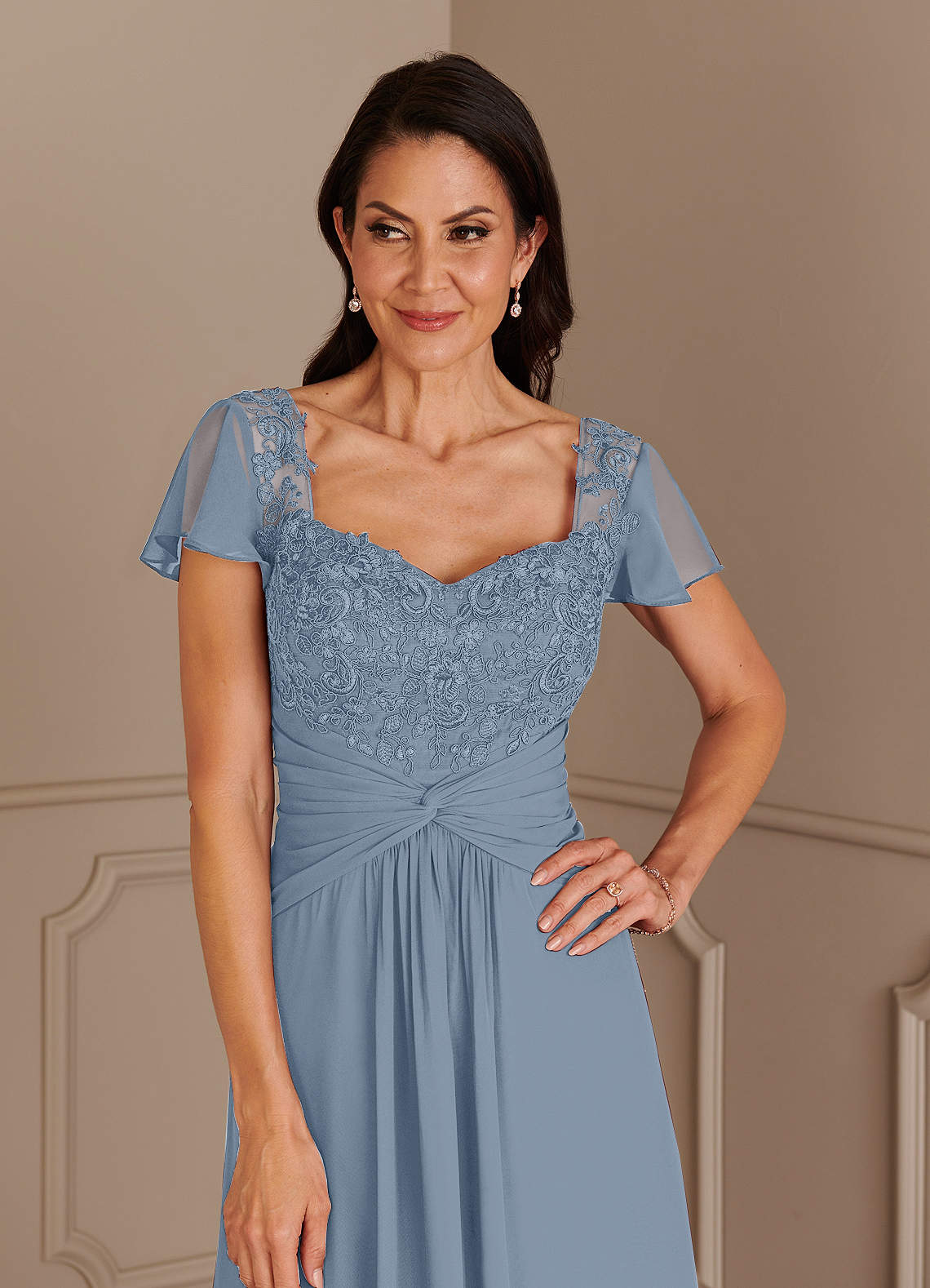 Elsa Mangas De La Tapa Gasa Vestido Con Faja Azul Polvoriento
