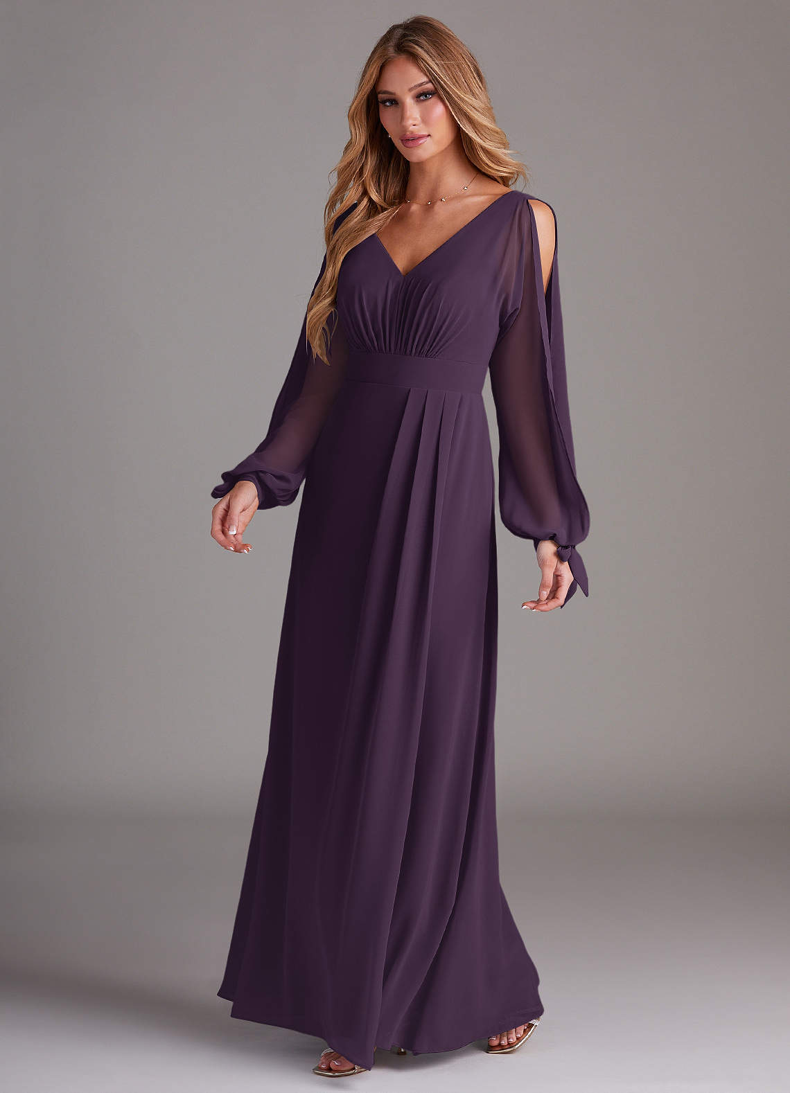 Azazie Matilda Bridesmaid Dresses Plum A-Line Long Sleeve Chiffon Dress image1