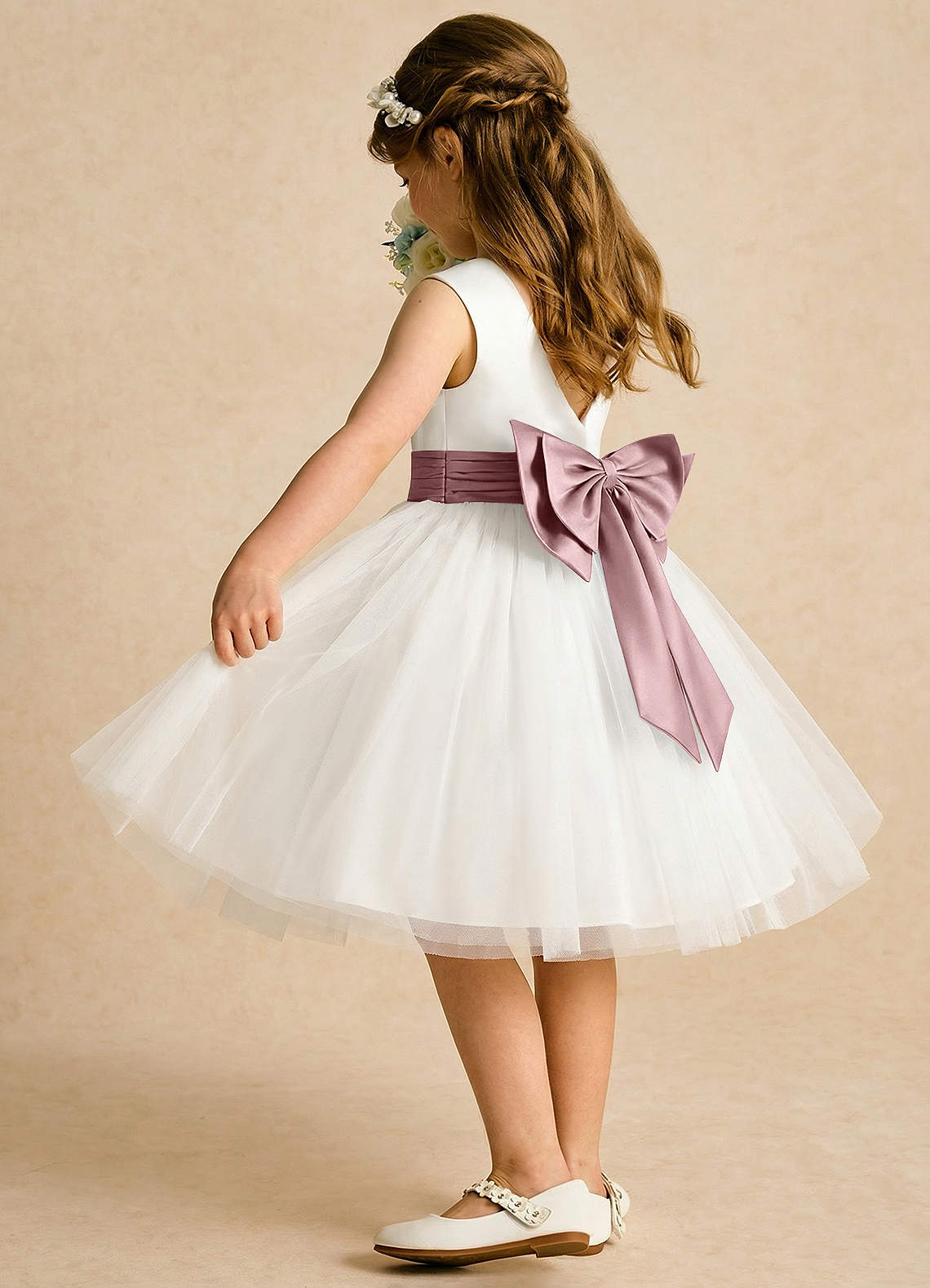 Azazie Sosie Vestidos de florista Vestido Marfim Rosa Empoeirada de Tule de Linha A com Plissado image3
