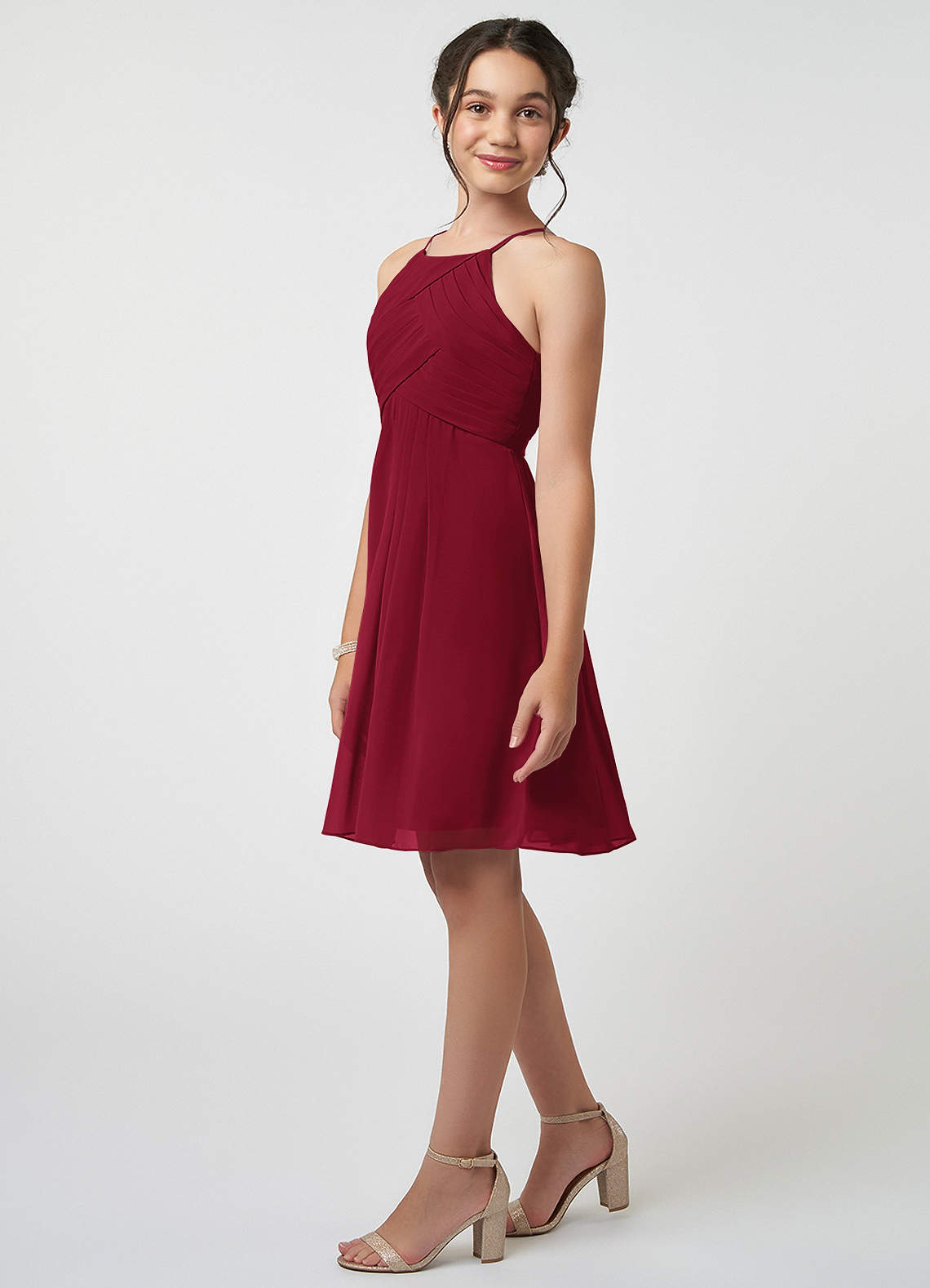Azazie Ginny Junior Burgundy A-Line Pleated Chiffon Dress image2