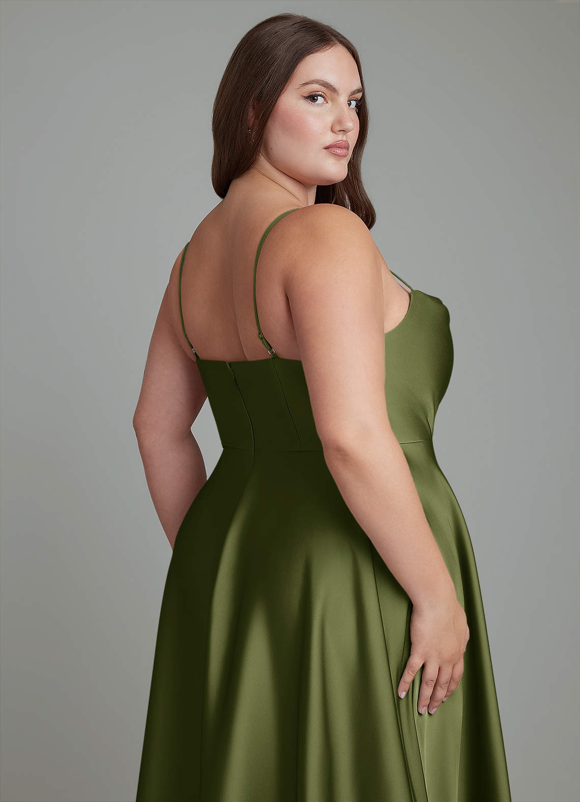 azazie olive green bridesmaid dresses Elle Stretch Satin Halterneck Asymmetric Maxi Dress RD-12.04.24 Size:Medium (12) Effortlessly elegant