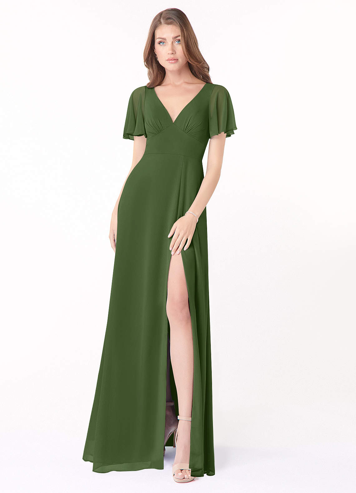Azazie Kimber Bridesmaid Dresses Olive A-Line Flounce Sleeve Chiffon Dress image1