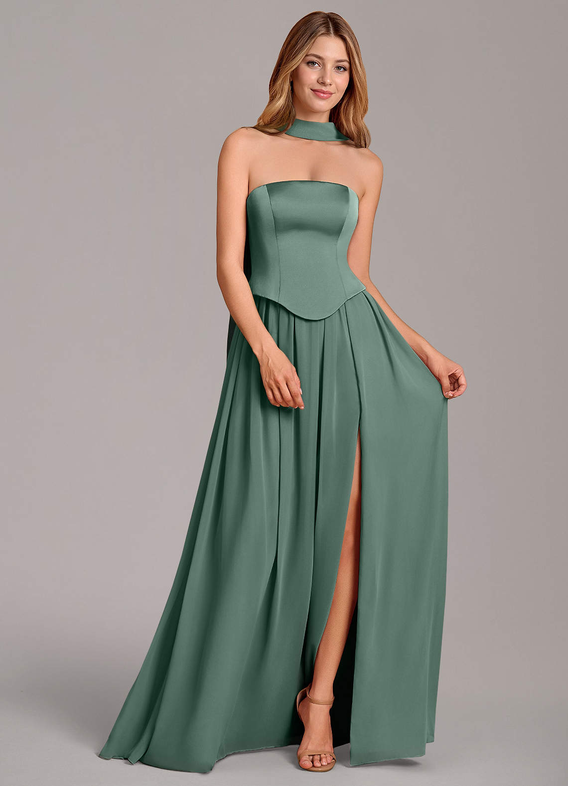 Azazie Cadence Suknie dla druhen Linia A Gorset Satyna elastyczna Do ziemi Sukienka image2