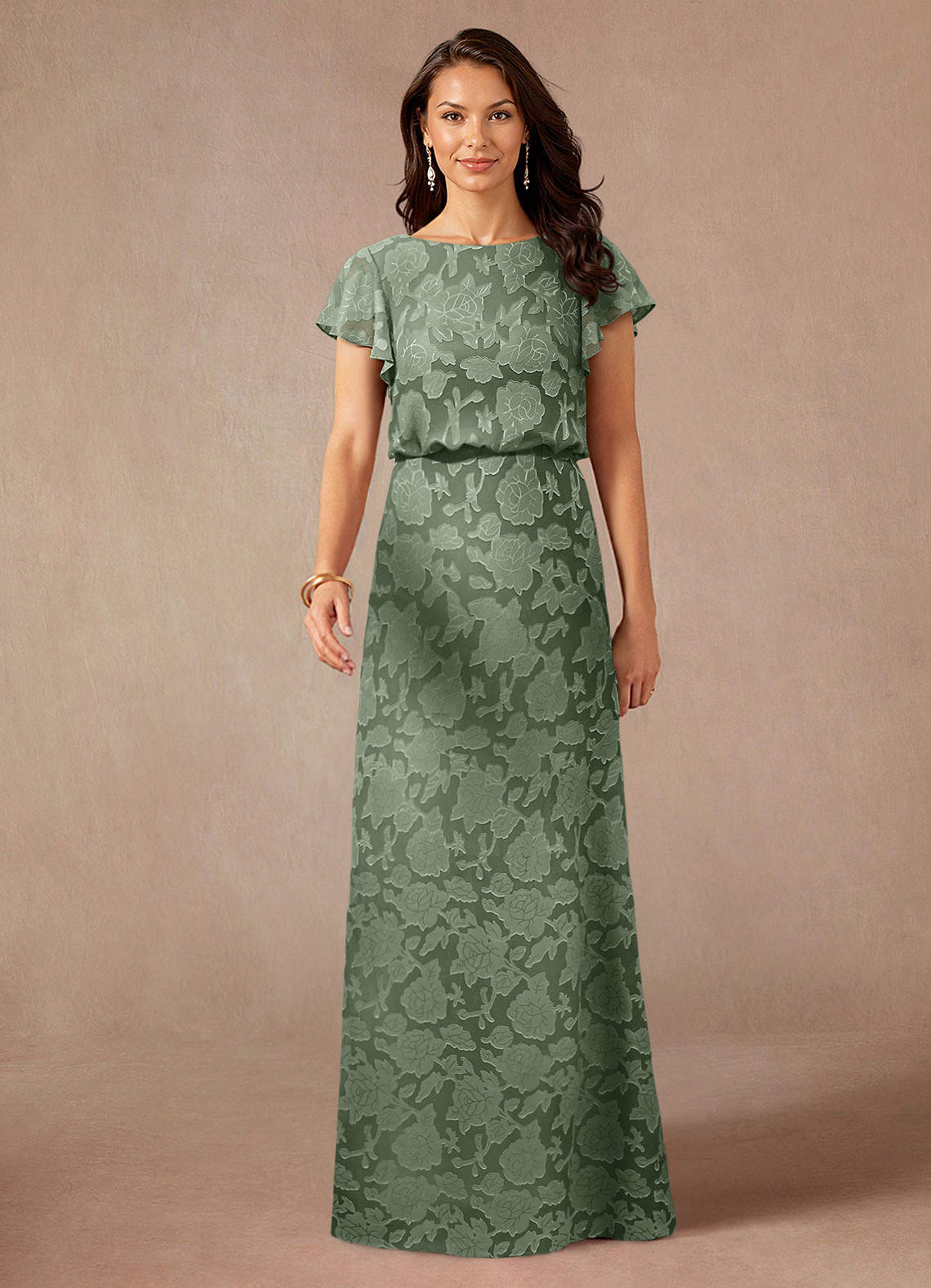 Azazie Lehi vestidos de madre de la novia Vestido de Matcha de Devorado Floral de Corte En A con Cuello de barco image3
