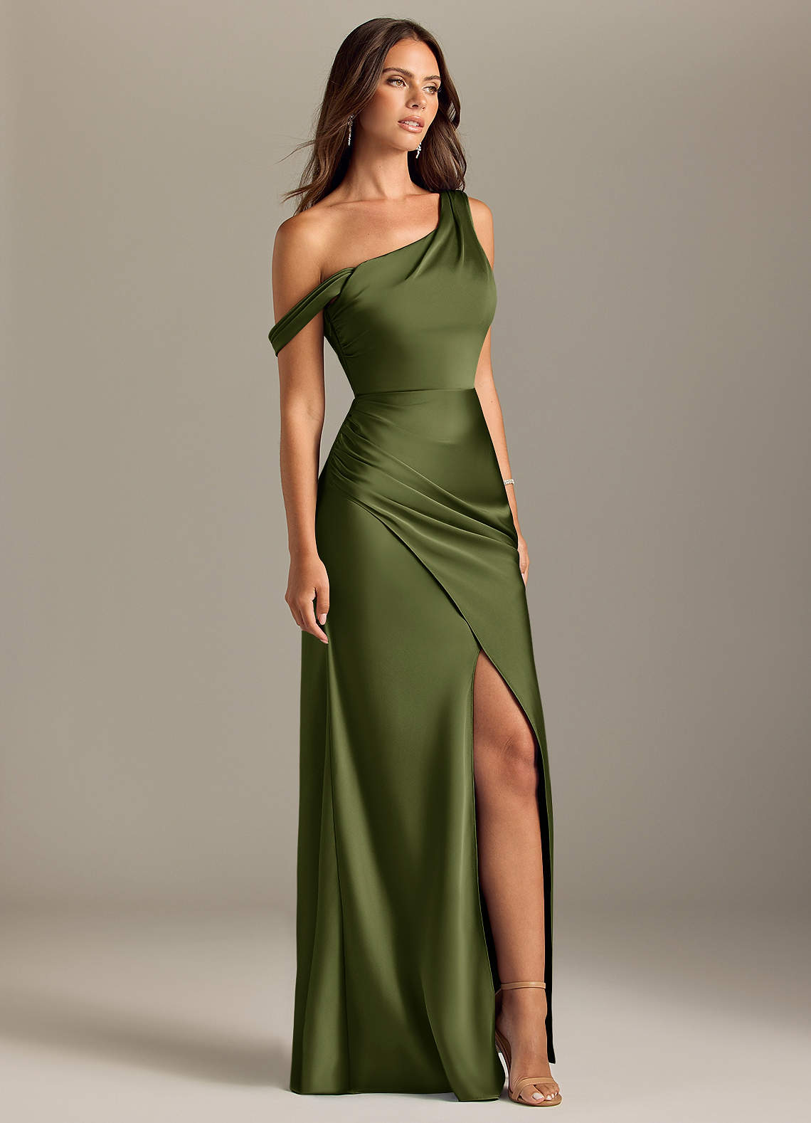 Azazie Madelyn Bridesmaid Dresses Olive Mermaid Off the Shoulder Stretch Satin Convertible Dress image3