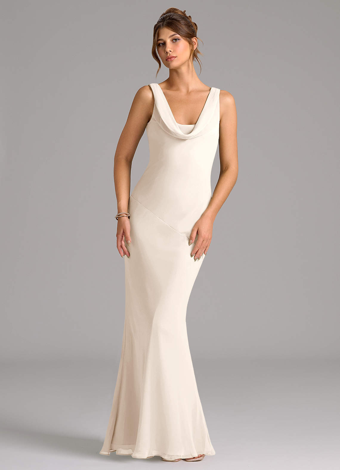 chiffon mermaid bridesmaid dress Azazie Cowl Neck Floor-Length Dresses missing-image Mom outfits for kids Size:32W x 32L Featuring a crepe and
