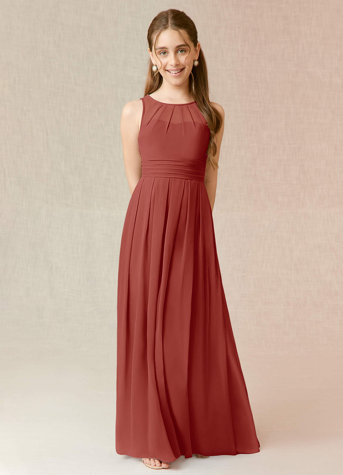 Azazie Bibiane Junior Abito A-Line in Chiffon Plissettato Terracotta image1