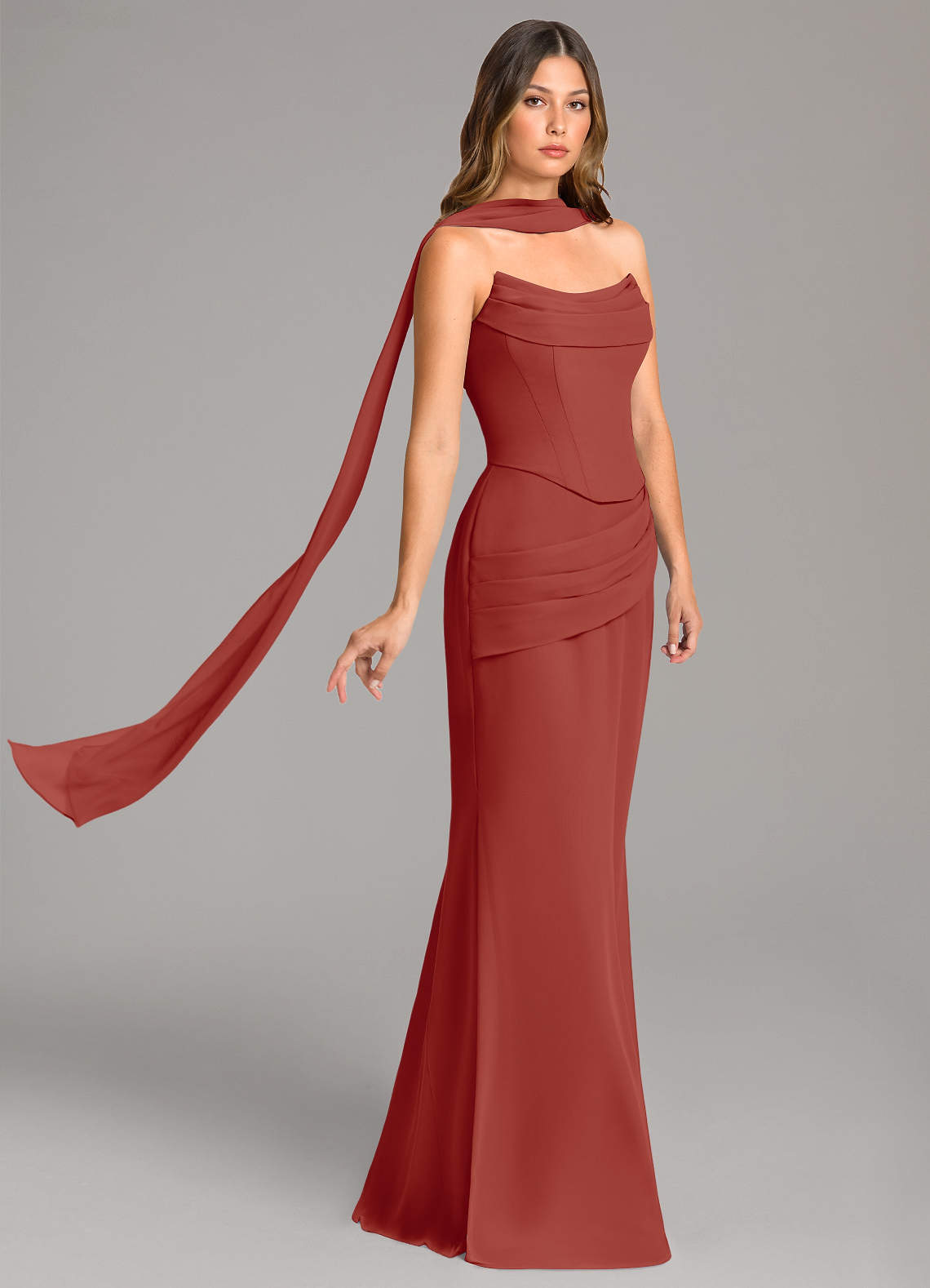 Azazie Sorrel Vestidos de damas de honor Vestido de Terracota de Gasa de Corte Sirena con Corsé image3