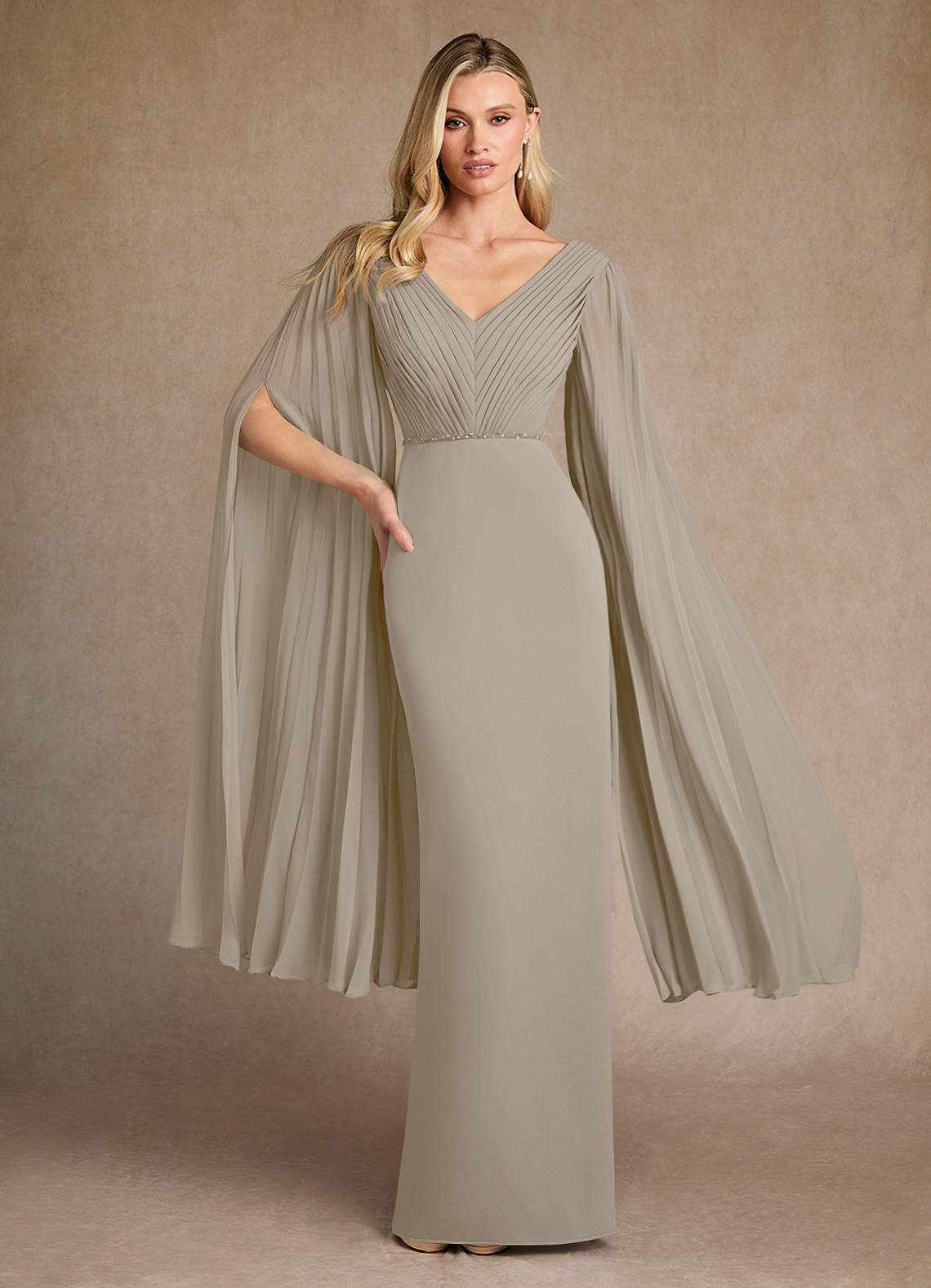 Azazie Ellsworth Mother of the Bride Dresses Taupe Column Pleated Stretch Crepe Dress image1