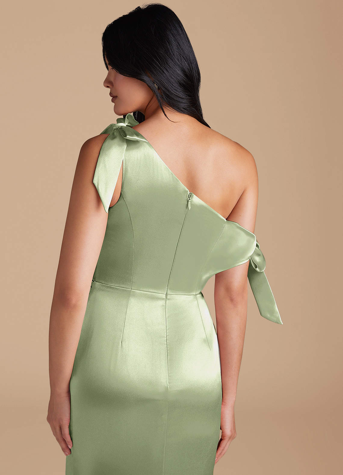 Azazie Xyla Bridesmaid Dresses Dusty Sage Sheath Off the Shoulder Metallic Satin Convertible Dress image3