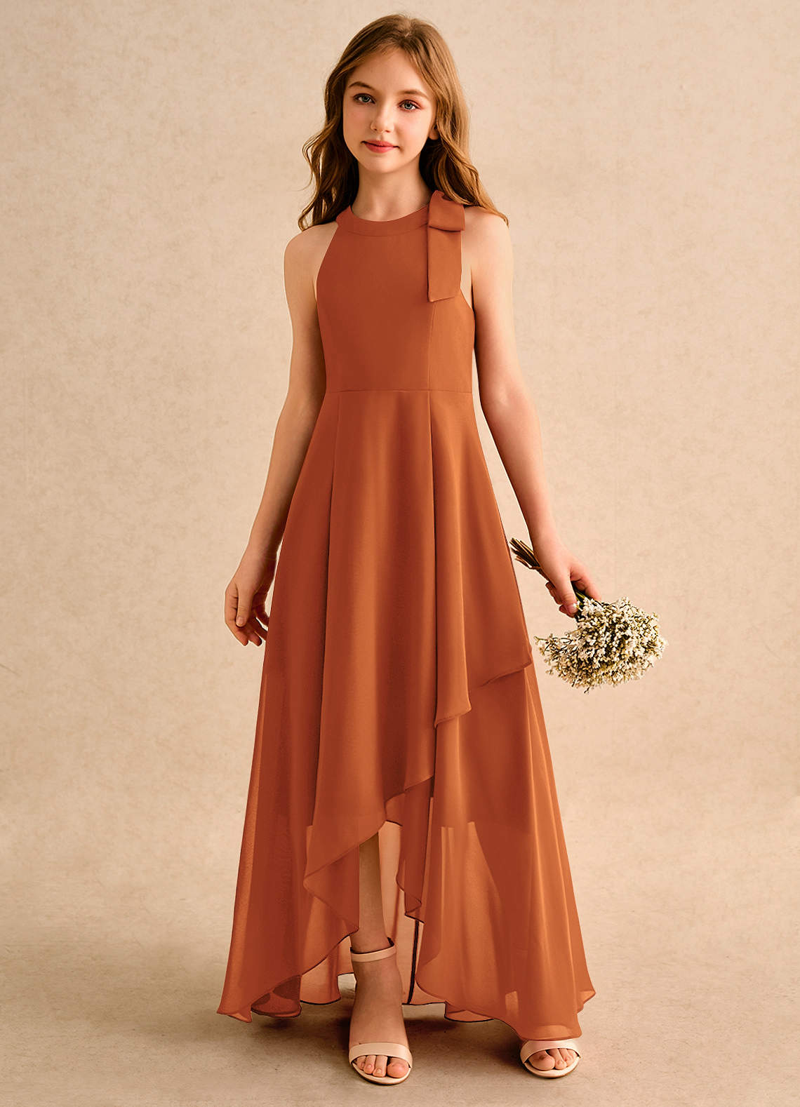 Azazie Boop Girls Formal Flower Girl Dresses Cinnamon A-Line Bow Chiffon Dress image3