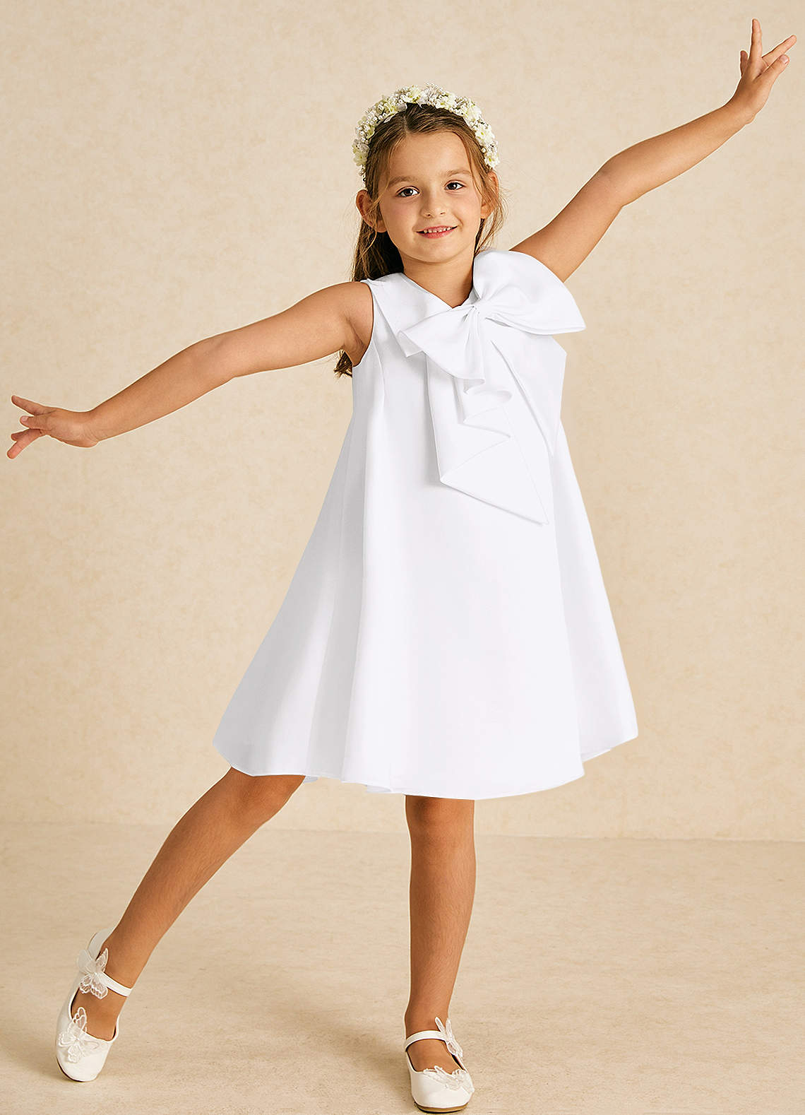 Azazie Zoey Flower Girl Dresses White A-Line Bow Matte Satin Dress image1