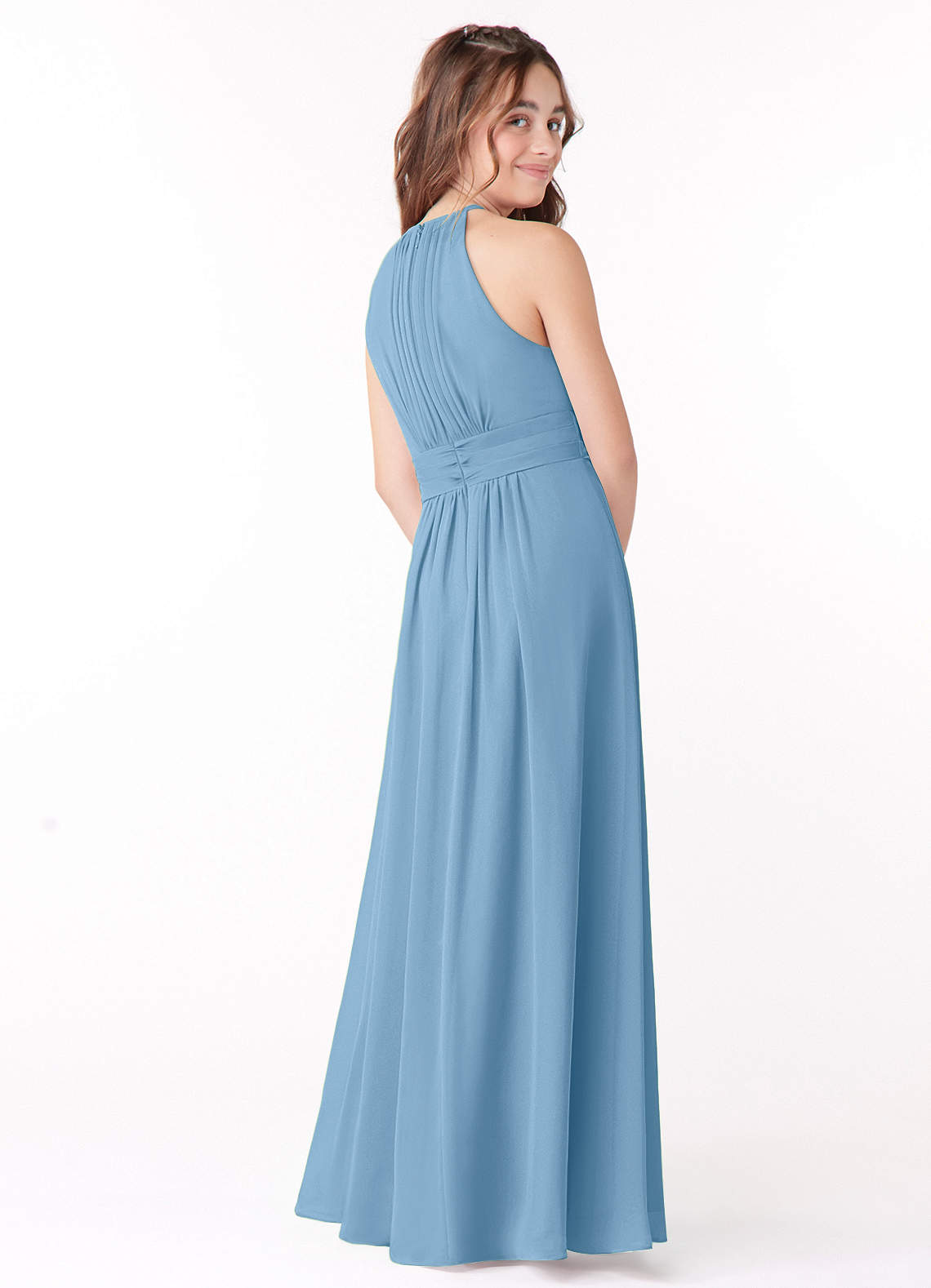 Azazie Bonnie Junior Steel Blue A-Line Pleated Chiffon Dress image2