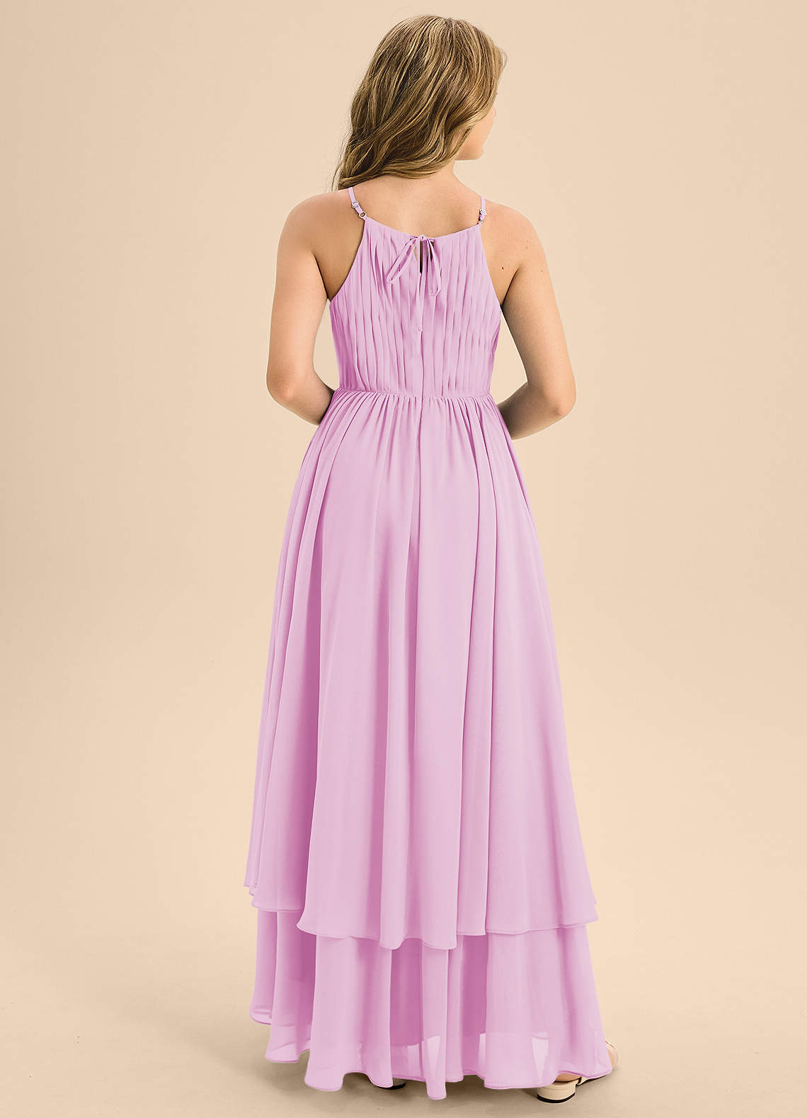 Azazie Elliora Junior Vestido de Rosa Caramelo de Gasa de Corte En A con Plisado image1